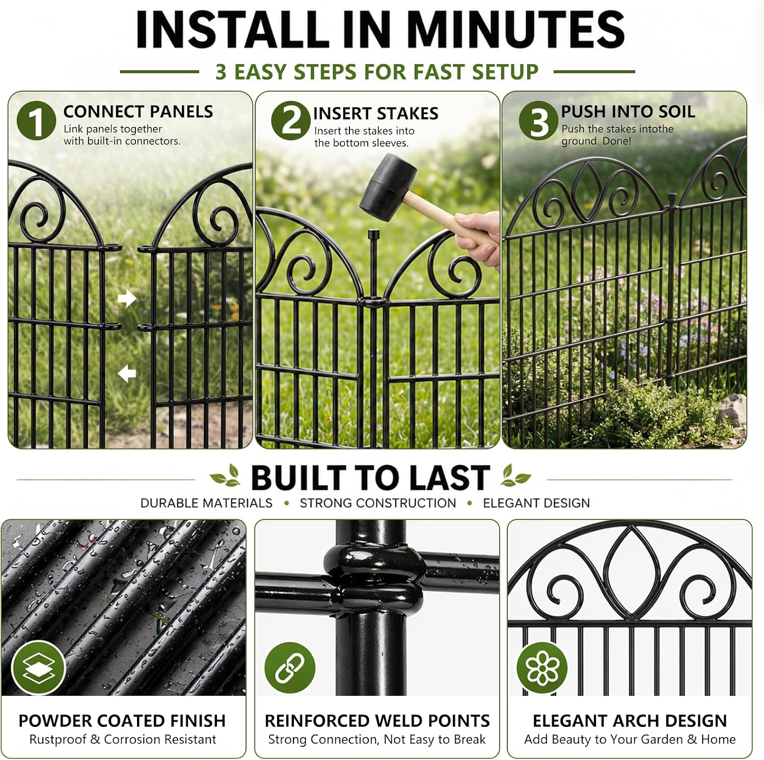 No Dig Garden Fence Outdoor for Yard. 10 Panels with Gate | 44in(H) x23.6ft(L) Rustproof Metal Animal Barrier. Temporary Dog Fence. Decorative Fencing for Flower Bed. Patio. and Pet