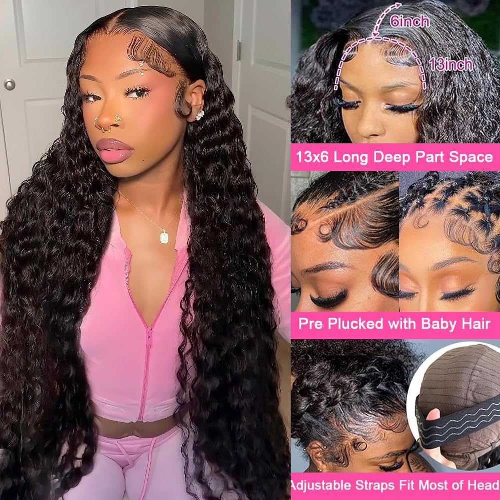TONHONK 30 Inch Deep Wave Lace Front Wigs Human Hair 200 Density 13x6 HD Lace Frontal Wigs Human Hair Pre Plucked Deep Curly Glueless Wigs Human Hair Curly Wigs for Women Natural Color