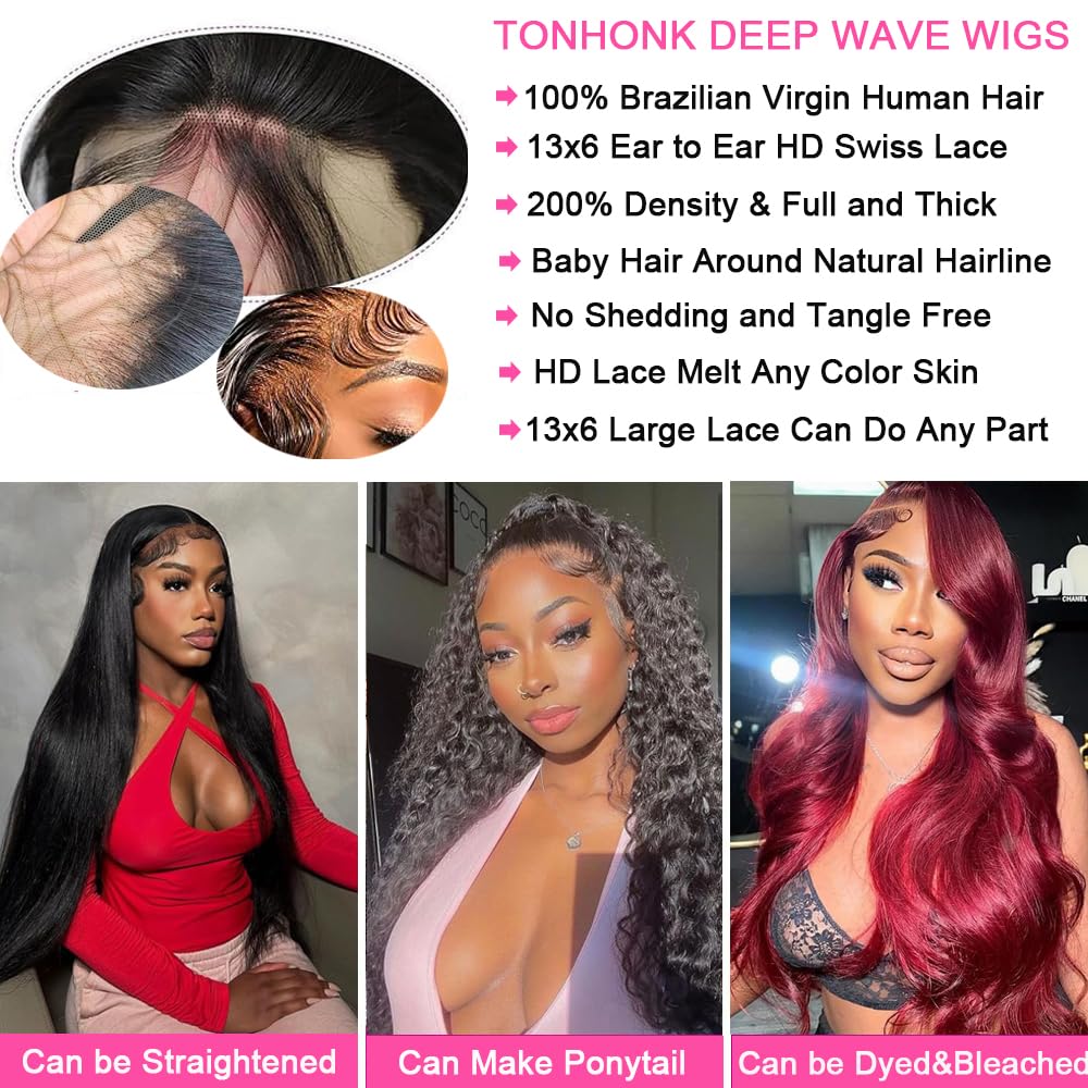 TONHONK 30 Inch Deep Wave Lace Front Wigs Human Hair 200 Density 13x6 HD Lace Frontal Wigs Human Hair Pre Plucked Deep Curly Glueless Wigs Human Hair Curly Wigs for Women Natural Color