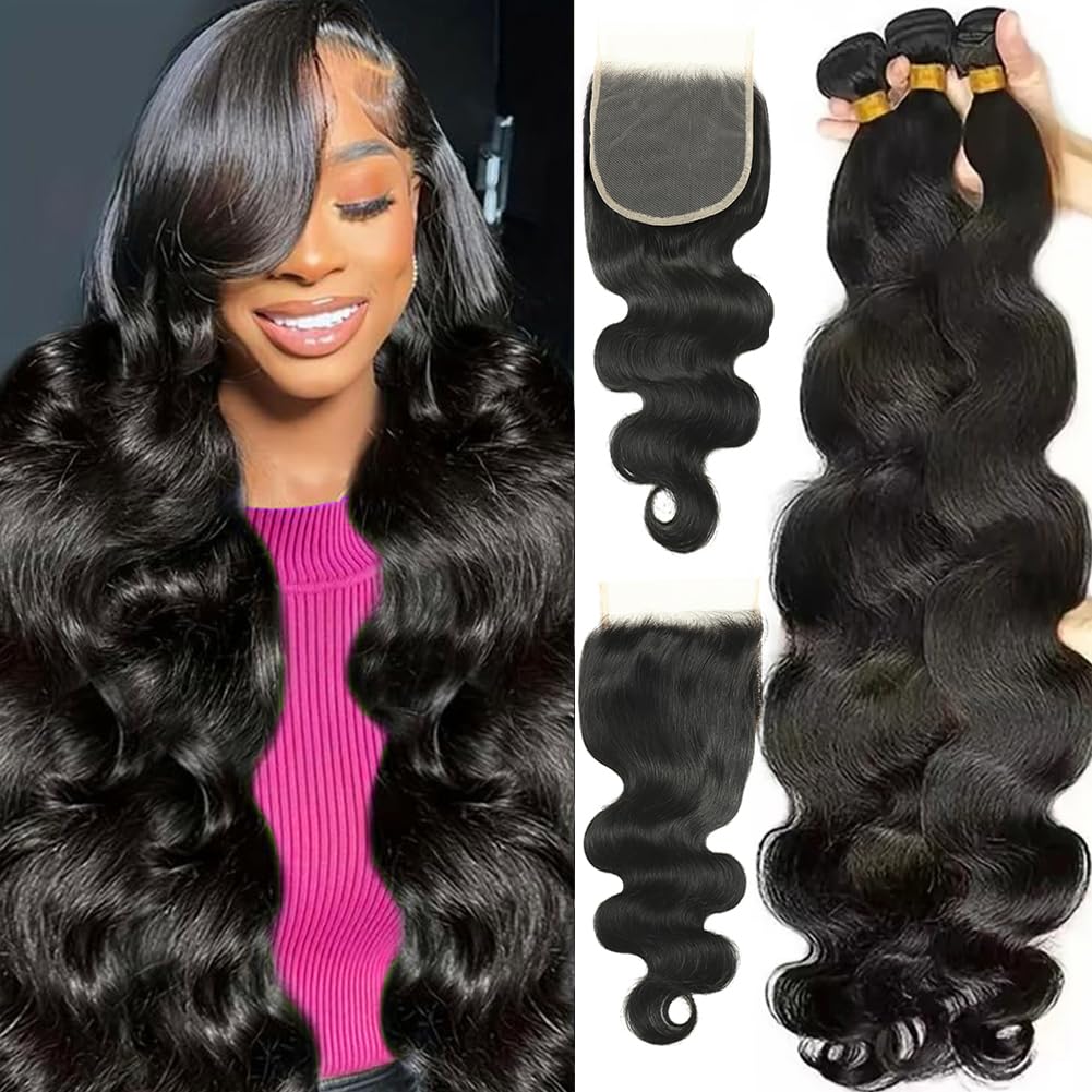 Body Wave Human Hair Bundles with Closure (26 28 30+22) 5x5 HD Closure with Bundles Human Hair 3 Weave Bundles with Closure Brazilian 100% Unprocessed Virgin Weft Hair Free Part