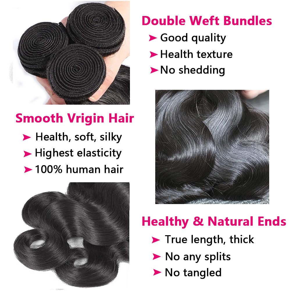 Body Wave Human Hair Bundles with Closure (26 28 30+22) 5x5 HD Closure with Bundles Human Hair 3 Weave Bundles with Closure Brazilian 100% Unprocessed Virgin Weft Hair Free Part