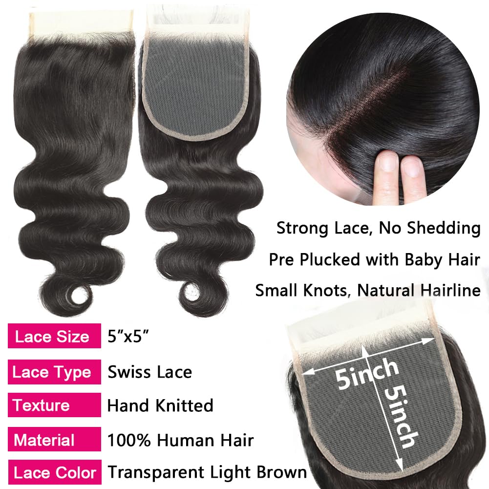 Body Wave Human Hair Bundles with Closure (26 28 30+22) 5x5 HD Closure with Bundles Human Hair 3 Weave Bundles with Closure Brazilian 100% Unprocessed Virgin Weft Hair Free Part