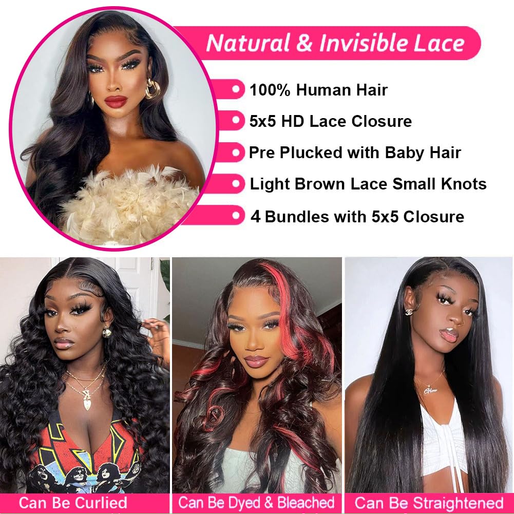 Body Wave Human Hair Bundles with Closure (26 28 30+22) 5x5 HD Closure with Bundles Human Hair 3 Weave Bundles with Closure Brazilian 100% Unprocessed Virgin Weft Hair Free Part