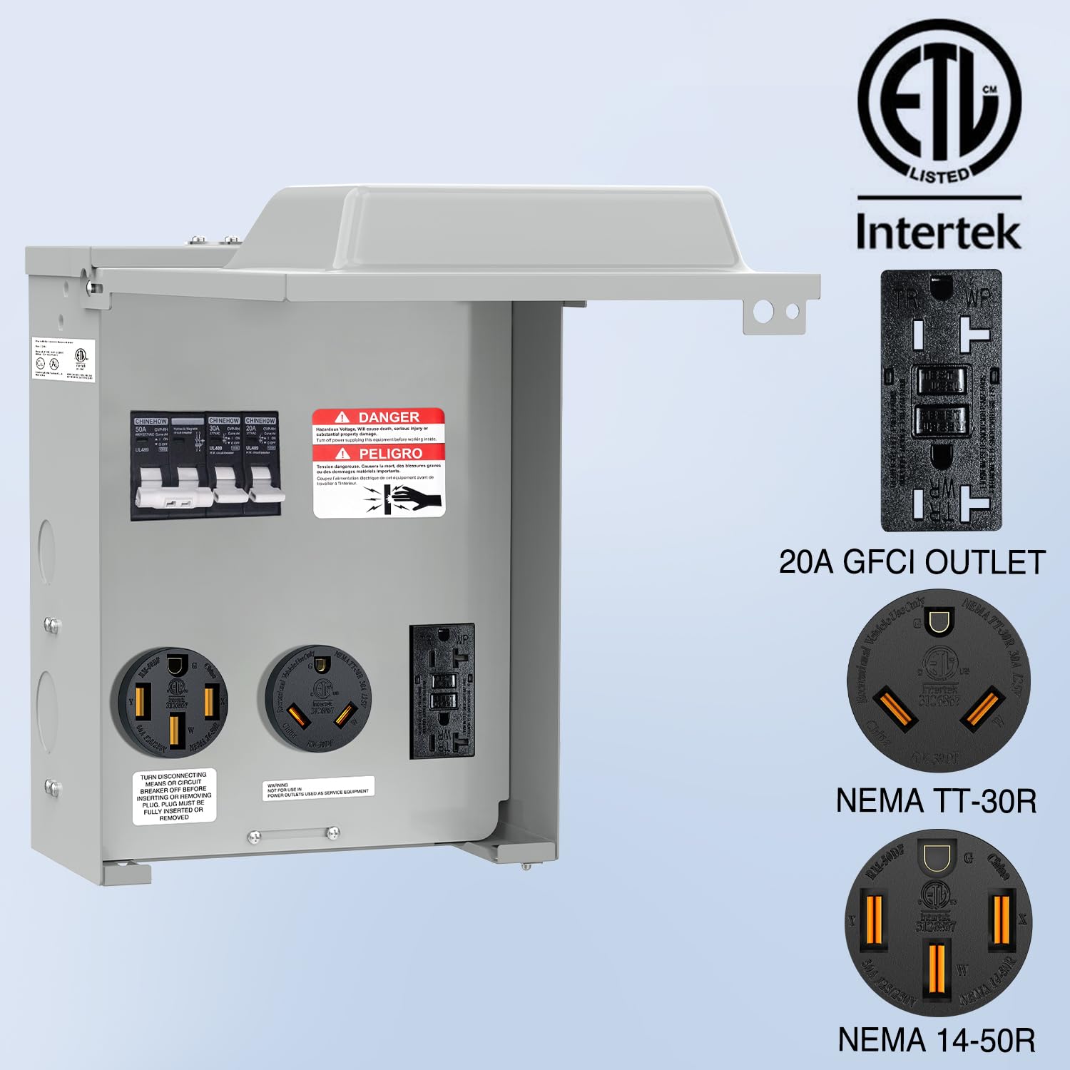 Nilight 20 30 50 Amp RV Power Outlet Box with Breaker 125/250V ETL Listed | NEMA 14-50R TT-30R GFCI Temporary Receptacle Panel Heavy Duty Enclosed Lockable Waterproof for EV Camper Van Travel Trailer