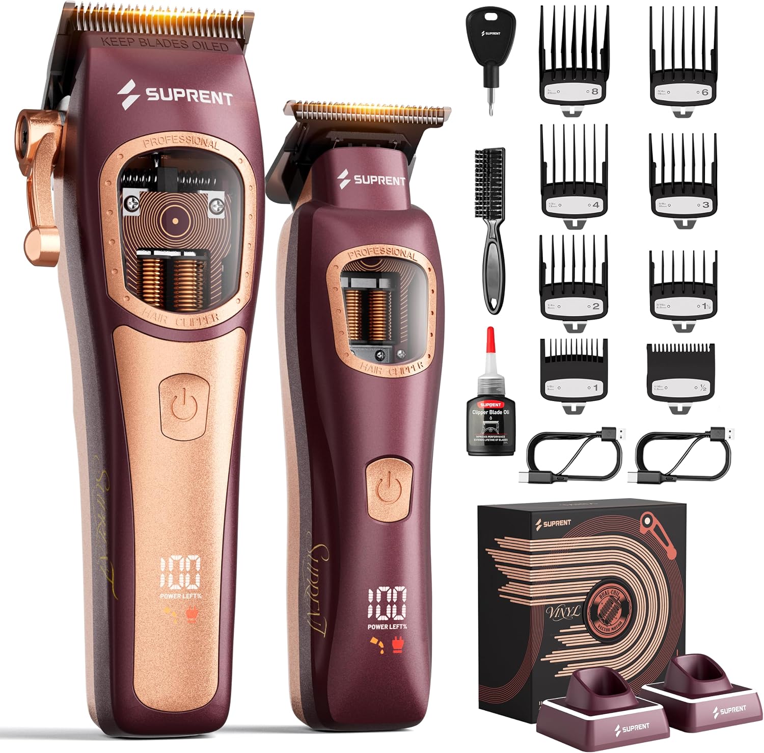 SUPRENT Professional Barber Clippers - Up to 11000RPM Intelligent Dual-Coil Vector Motor Hair Cutting kit. Zero-Gapped Hair Clipper & Trimmer Kit. Deep Tooth Blades. Charging Stands