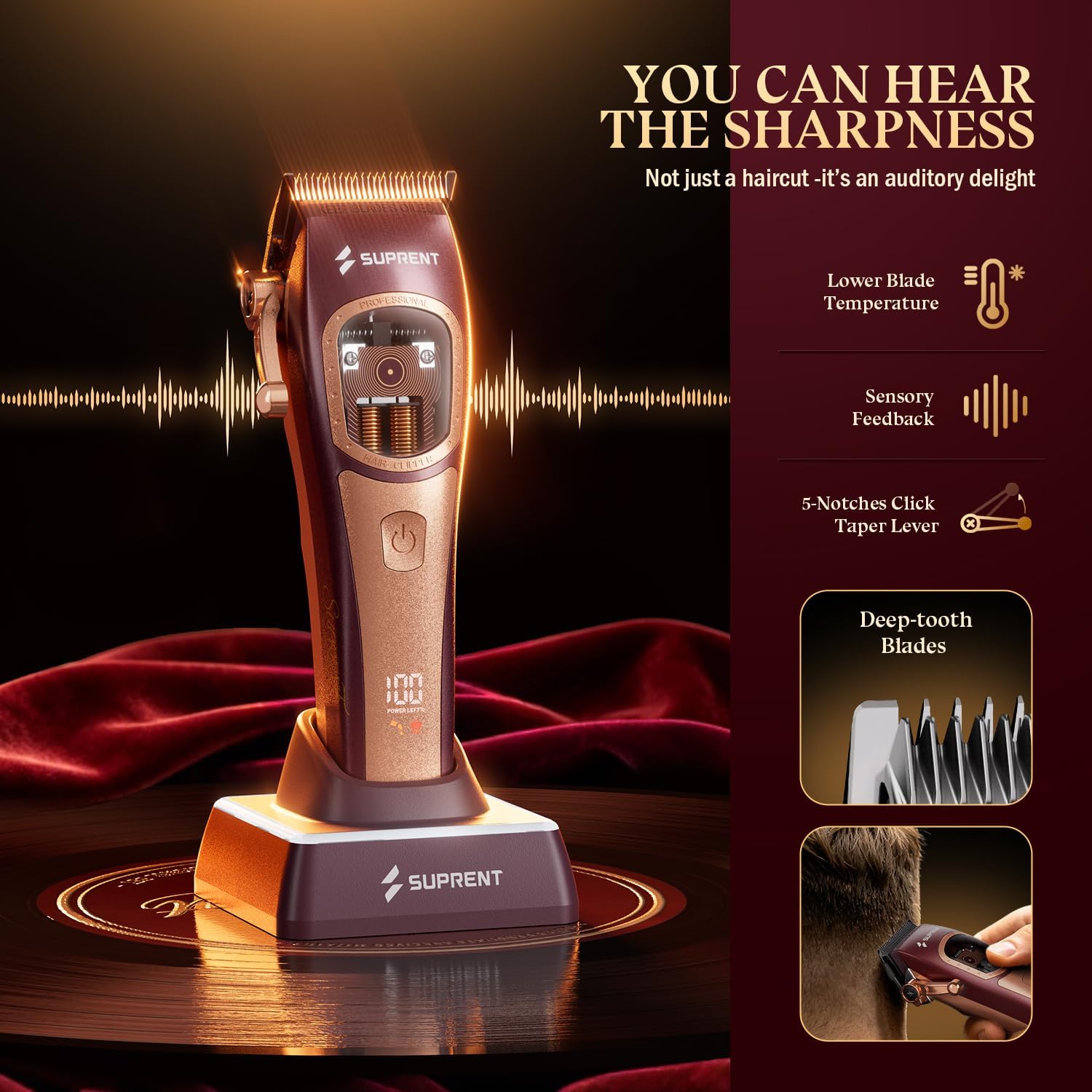 SUPRENT Professional Barber Clippers - Up to 11000RPM Intelligent Dual-Coil Vector Motor Hair Cutting kit. Zero-Gapped Hair Clipper & Trimmer Kit. Deep Tooth Blades. Charging Stands