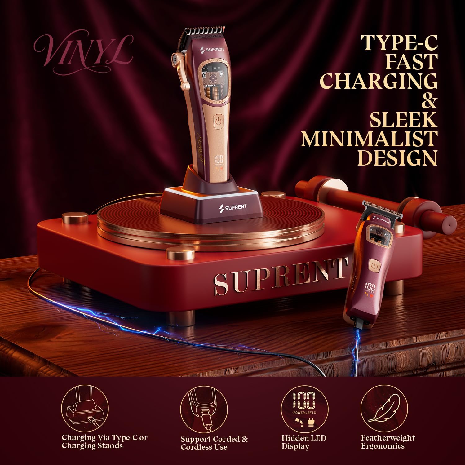SUPRENT Professional Barber Clippers - Up to 11000RPM Intelligent Dual-Coil Vector Motor Hair Cutting kit. Zero-Gapped Hair Clipper & Trimmer Kit. Deep Tooth Blades. Charging Stands