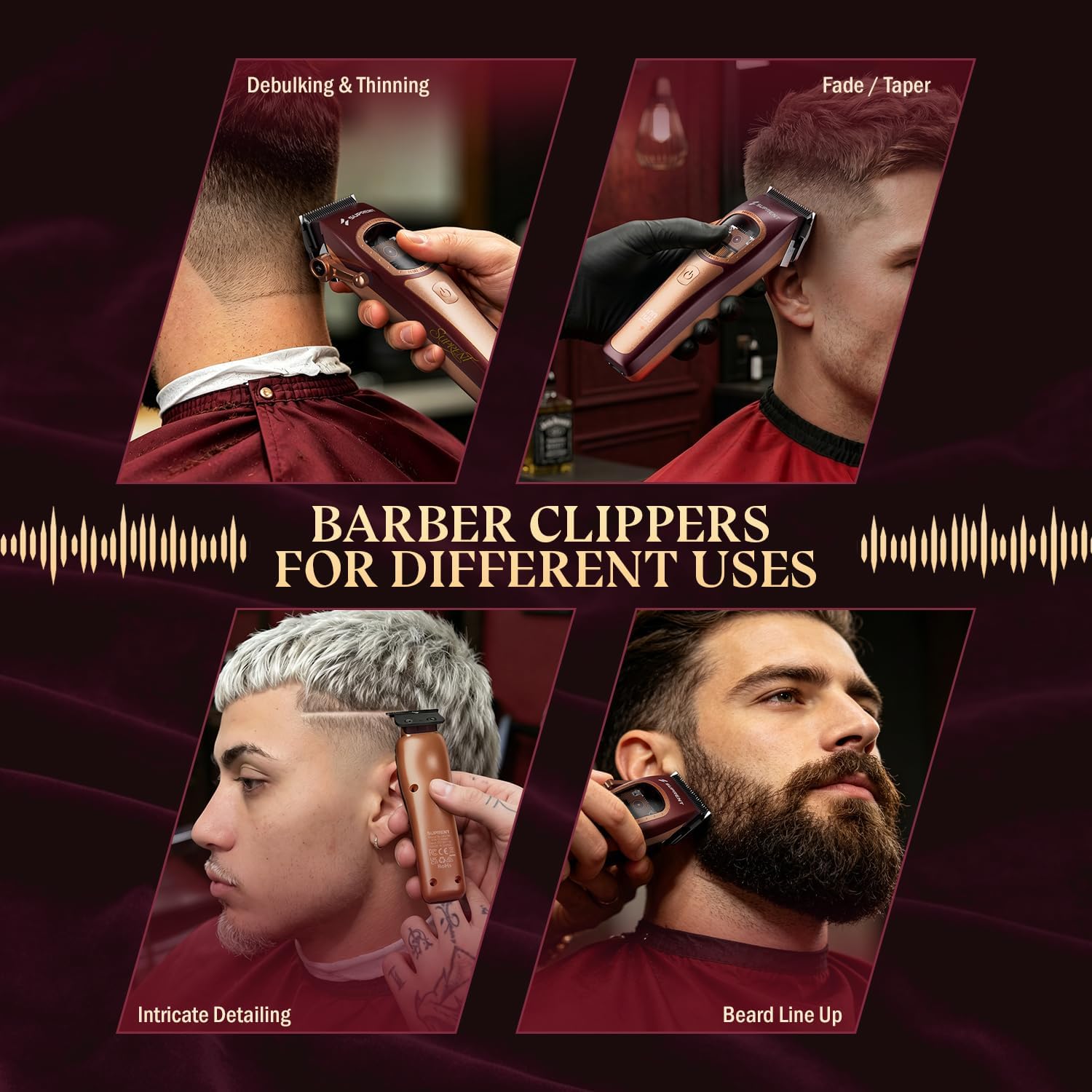 SUPRENT Professional Barber Clippers - Up to 11000RPM Intelligent Dual-Coil Vector Motor Hair Cutting kit. Zero-Gapped Hair Clipper & Trimmer Kit. Deep Tooth Blades. Charging Stands