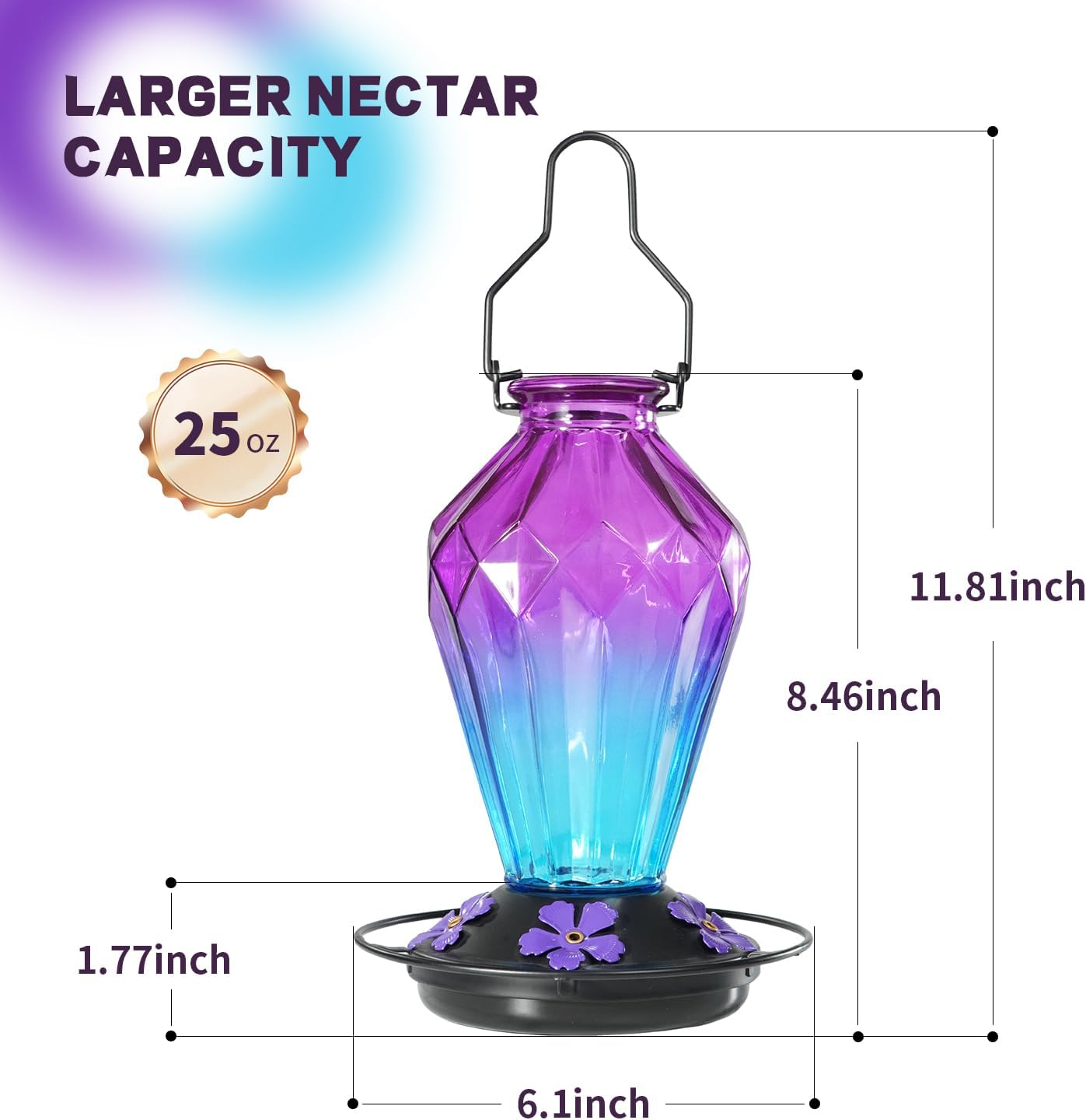 2 Pack Glass Hummingbird Feeder for Outdoors Hanging. 25Oz Humming Bird Nectar Feeder. Perch. 5 Flower Feeding Ports. Leak Proof Base. Hook for Outside Garden Backyard. Diamond Purple