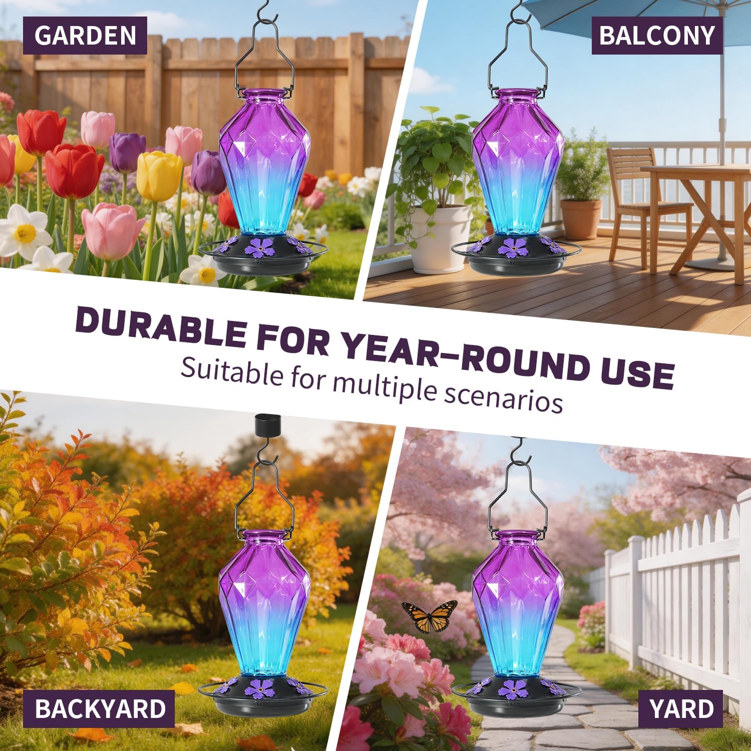 2 Pack Glass Hummingbird Feeder for Outdoors Hanging. 25Oz Humming Bird Nectar Feeder. Perch. 5 Flower Feeding Ports. Leak Proof Base. Hook for Outside Garden Backyard. Diamond Purple