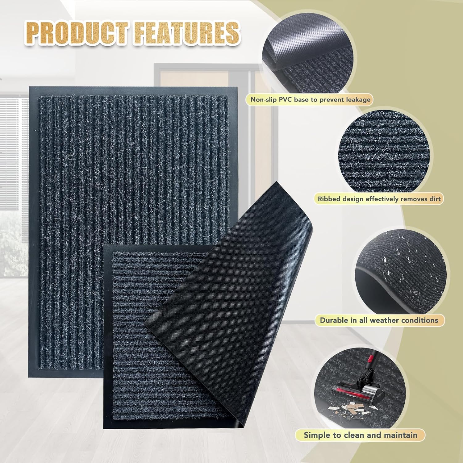 Dmprosel Front Door Mat. 4'x8'Indoor Outdoor Welcome Commercial Floor Mats | Heavy Duty Durable Inside Outside Entrance. Waterproof All-Season. All-Weather Non Slip Backing Doormat for Entryway. Black