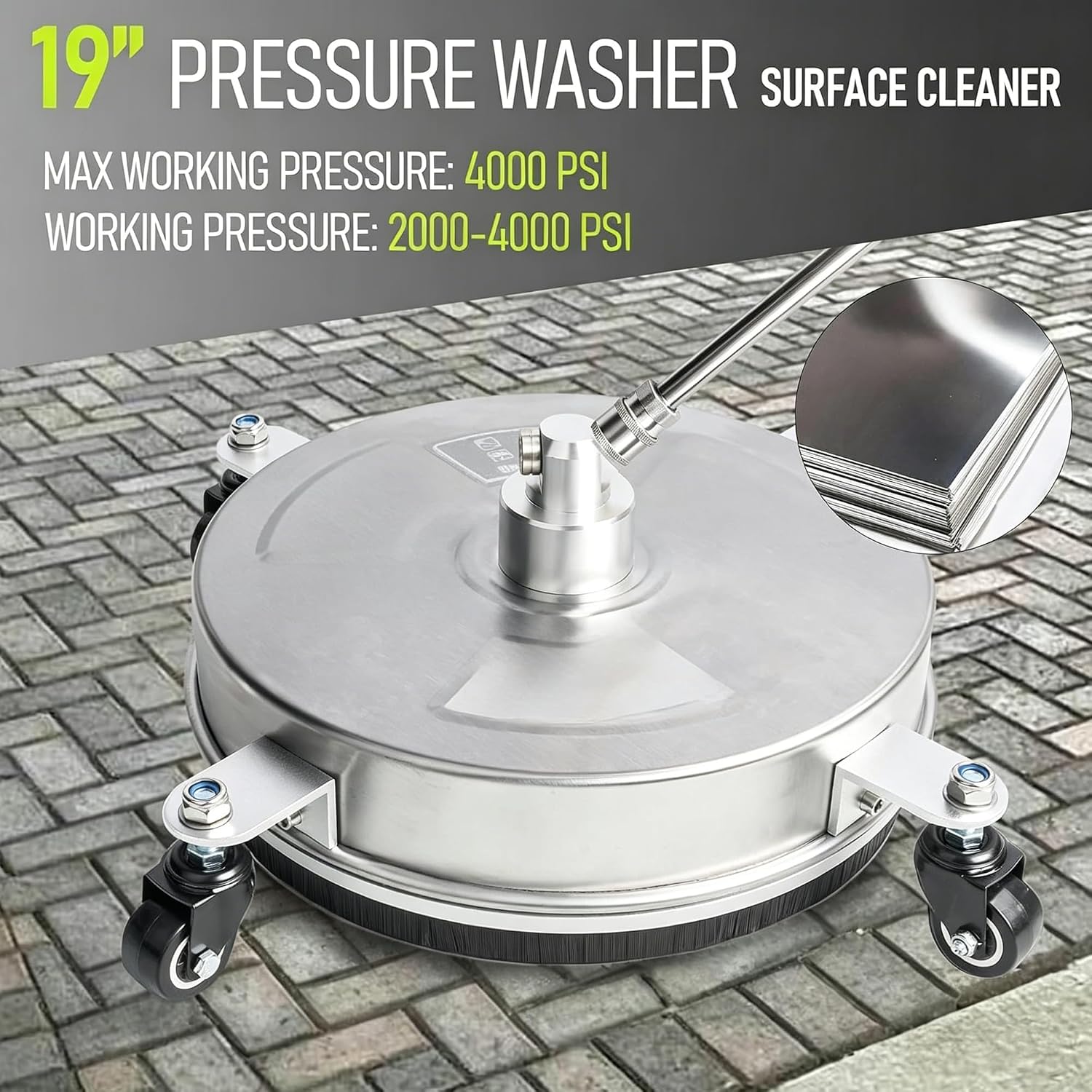 Hourleey 19 Pressure Washer Surface Cleaner. Stainless Steel Surface Cleaner with 4 Wheels for Concrete. Patio. Sidewalk. Deck. Pathway 1/4 Quick Connector. 2 Extension Wand. 4000 PSI