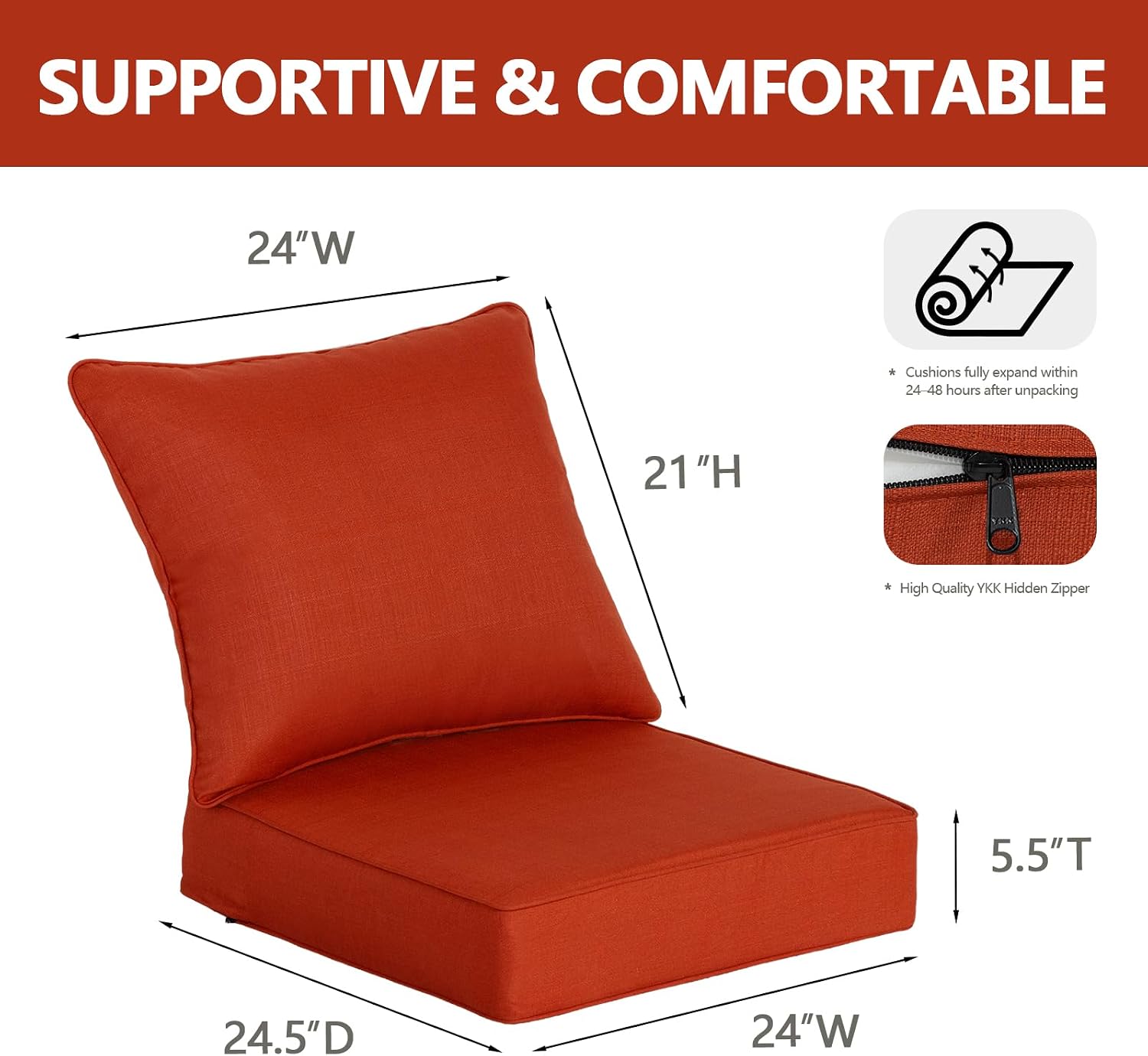 Goodgoods 24x24 Outdoor Deep Seat Cushions 2-Pack. 30D Foam. Quarry Red | 30D High-Resilience Foam. Fade-Resistant for 1000+ Hours. Water-Resistant for Outdoor Sofa Chairs