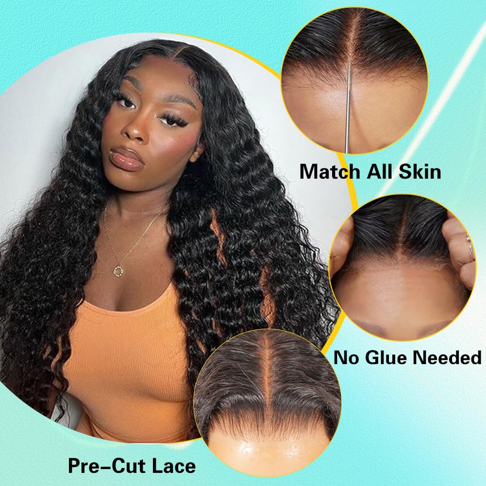 Lemiva Wear and Go Glueless Wigs Human Hair Pre Plucked Pre Cut HD Lace 7x5 Deep Wave Lace Front Wigs Human Hair Pre Plucked 200% Density Glueless Drawstring Wig for Beginners 20 Inch Natural Color