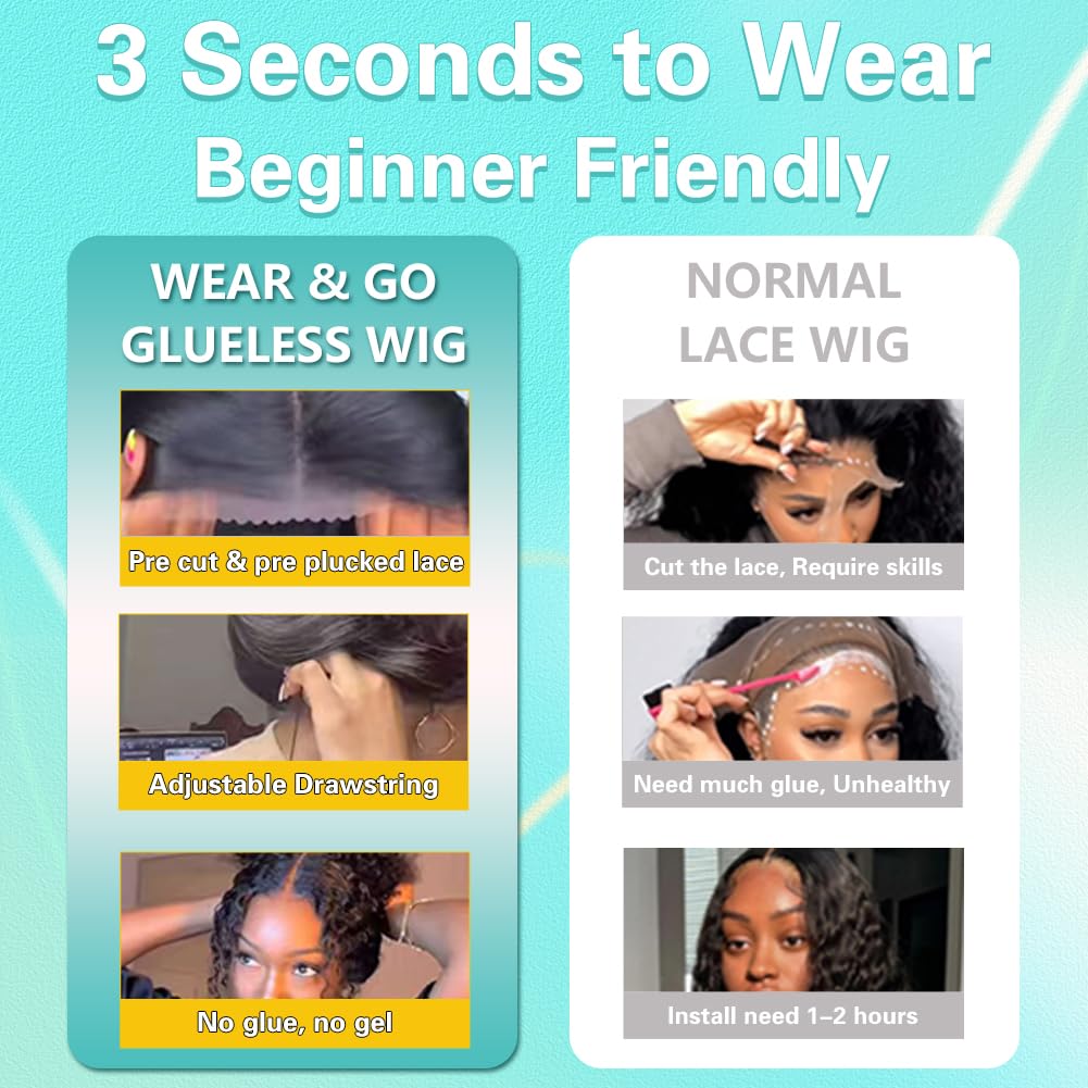 Lemiva Wear and Go Glueless Wigs Human Hair Pre Plucked Pre Cut HD Lace 7x5 Deep Wave Lace Front Wigs Human Hair Pre Plucked 200% Density Glueless Drawstring Wig for Beginners 20 Inch Natural Color