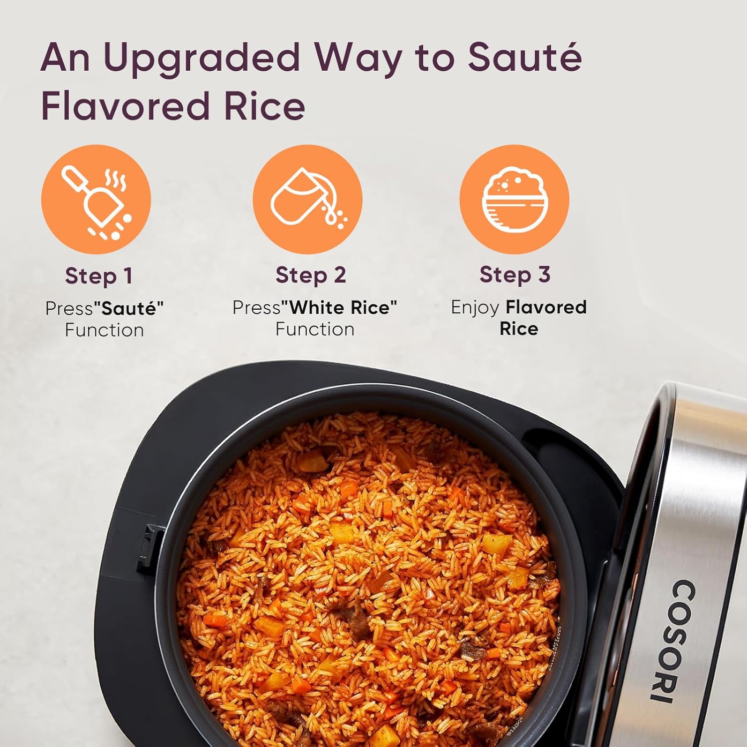 Cosori Rice Cooker 10 Cup. Fuzzy Logic. Ceramic Coating Inner Pot.18-in-1 | 24H Keep Warm & Delay Timer. Stainless Steel Steamer Basket. Non-stick Ceramic Coating. Sauté. Slow Cook. Black