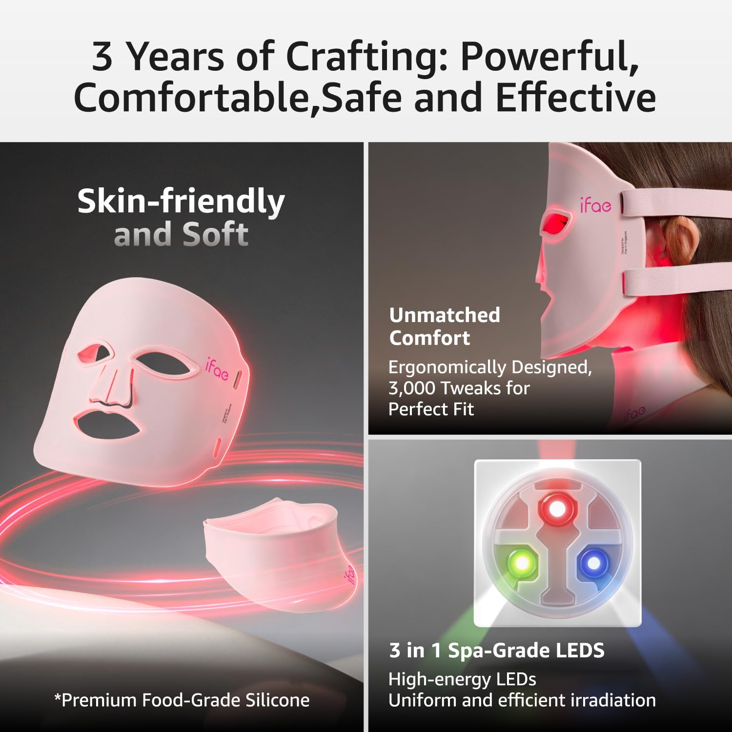 IFAE Red Light Therapy Mask for Face and Neck with 396 LEDs Pink | 850nm Near Infrared (NIR). 7 Mode Portable LED Face Mask for True Anti-Wrinkles Skincare at Home