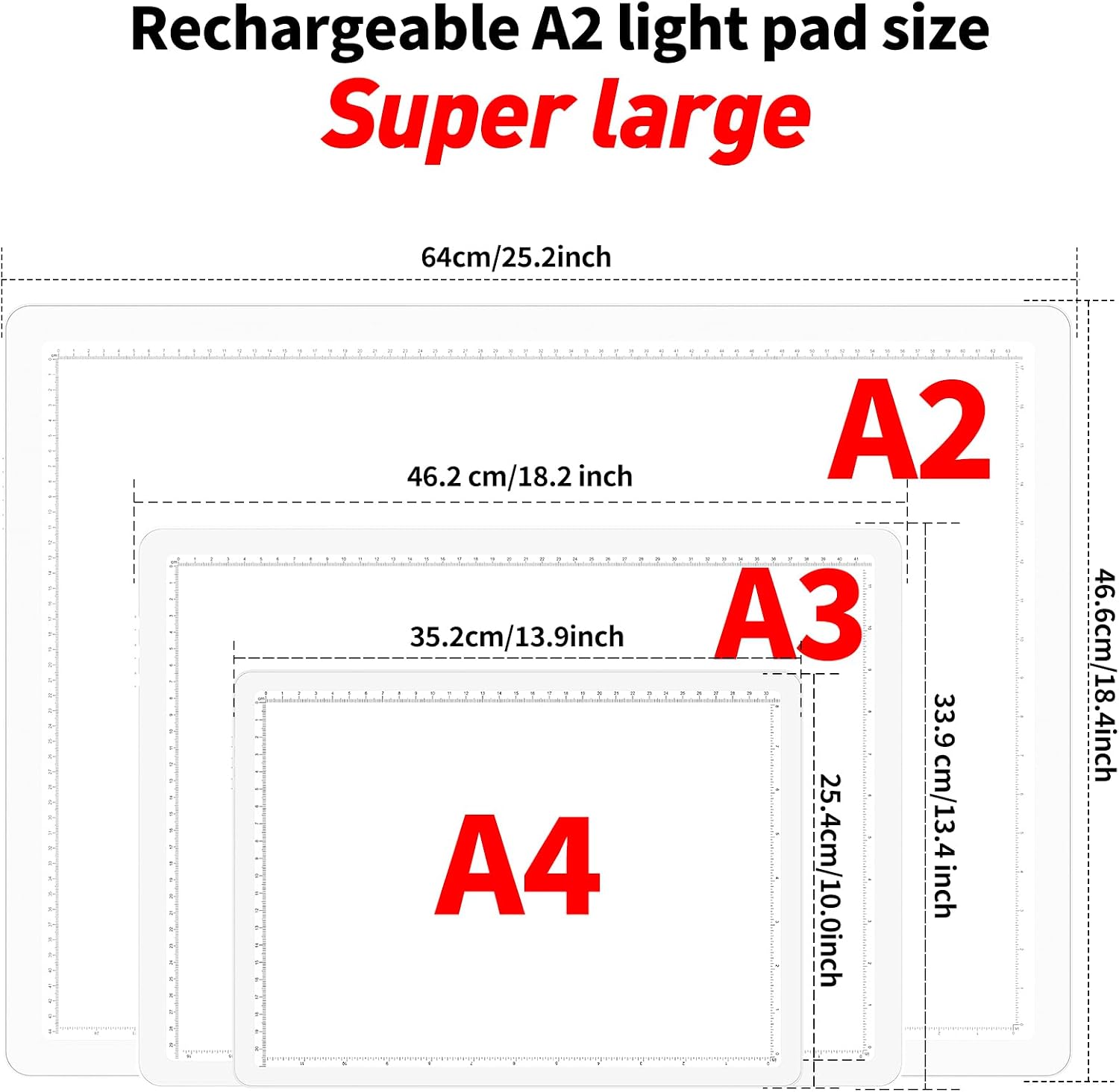 TOHETO Rechargeable Magnetic A2 Light Board 25.2''x18.4''. Large Diamond Painting Light Pad with Side Buttons. 3 Light Colors Light Box for Tracing and Drawing. Dimming LED Light Table for Sketching