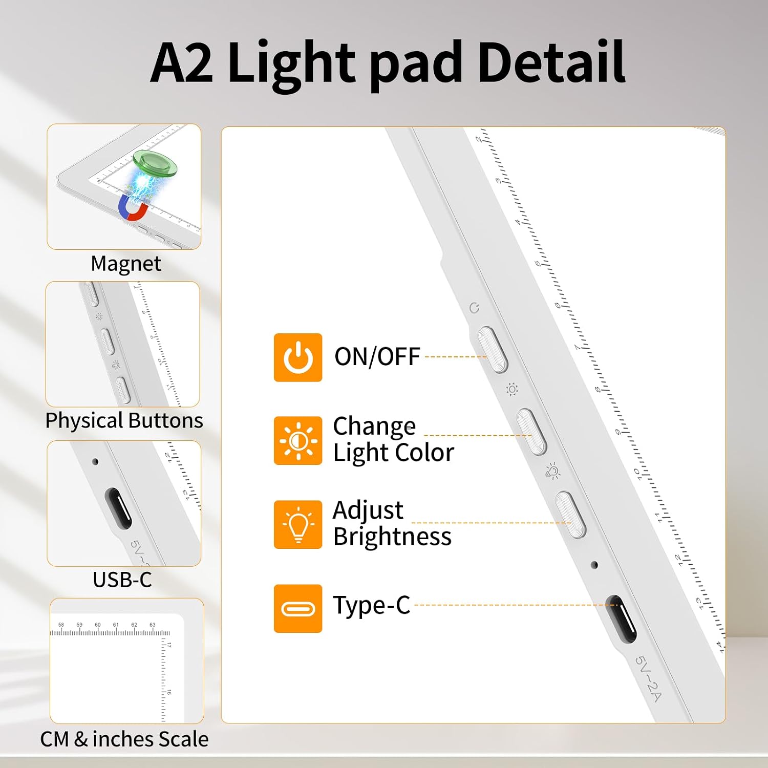 TOHETO Rechargeable Magnetic A2 Light Board 25.2''x18.4''. Large Diamond Painting Light Pad with Side Buttons. 3 Light Colors Light Box for Tracing and Drawing. Dimming LED Light Table for Sketching