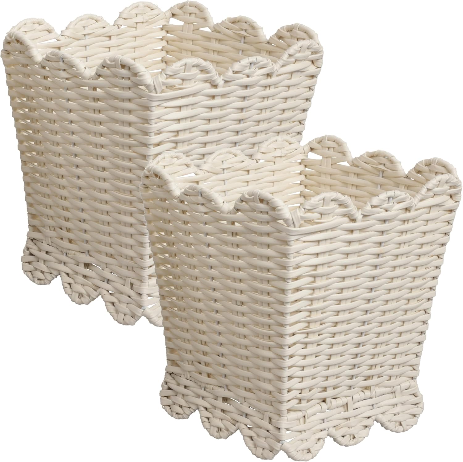 happimess Silas 3.3 Gal Square Wicker Resin Wastebasket. White. Set of 2 | Modern Farmhouse Tapered Silhouette. Scalloped Edge Detail. Handcrafted Powder Coated Frame. 12.6 Height