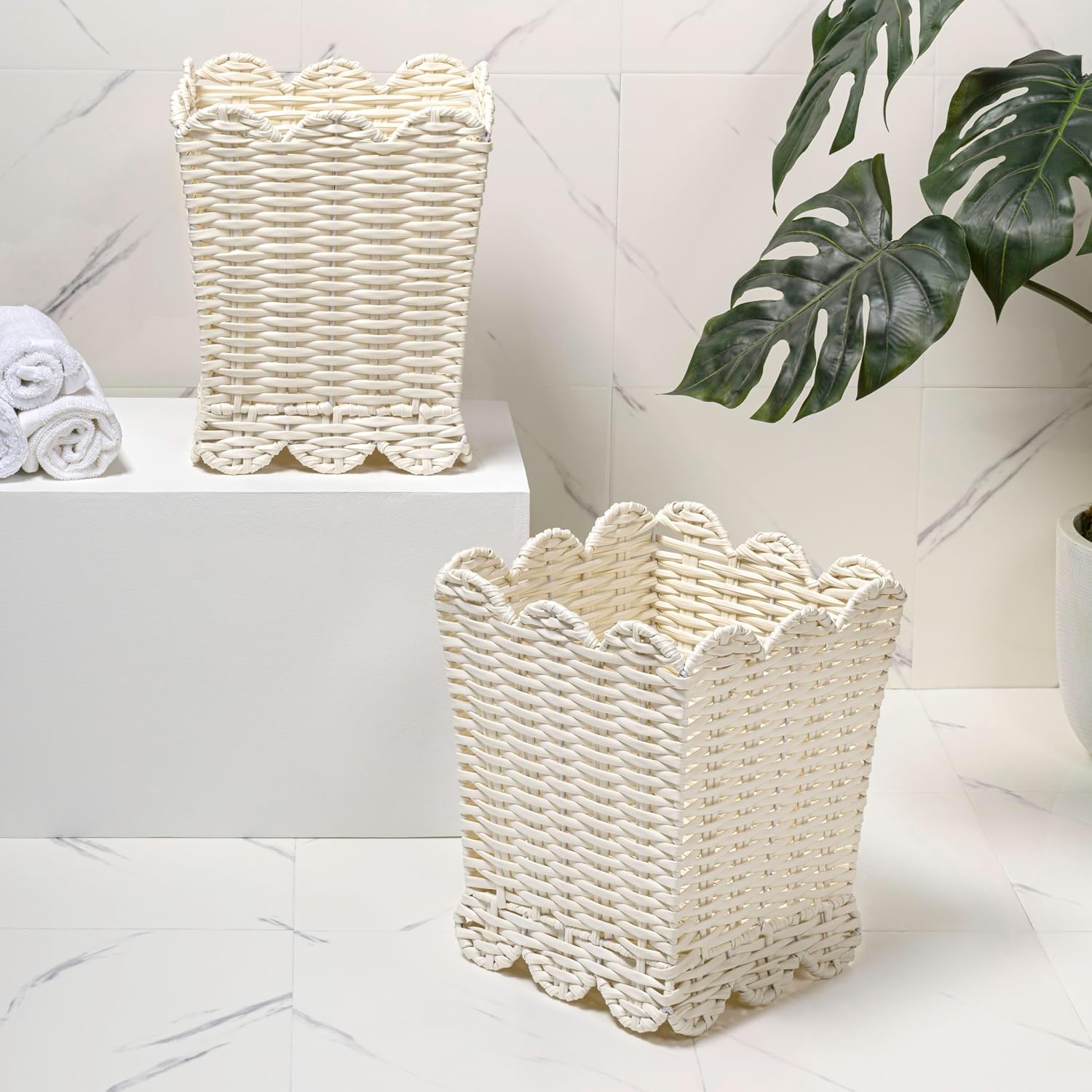 happimess Silas 3.3 Gal Square Wicker Resin Wastebasket. White. Set of 2 | Modern Farmhouse Tapered Silhouette. Scalloped Edge Detail. Handcrafted Powder Coated Frame. 12.6 Height