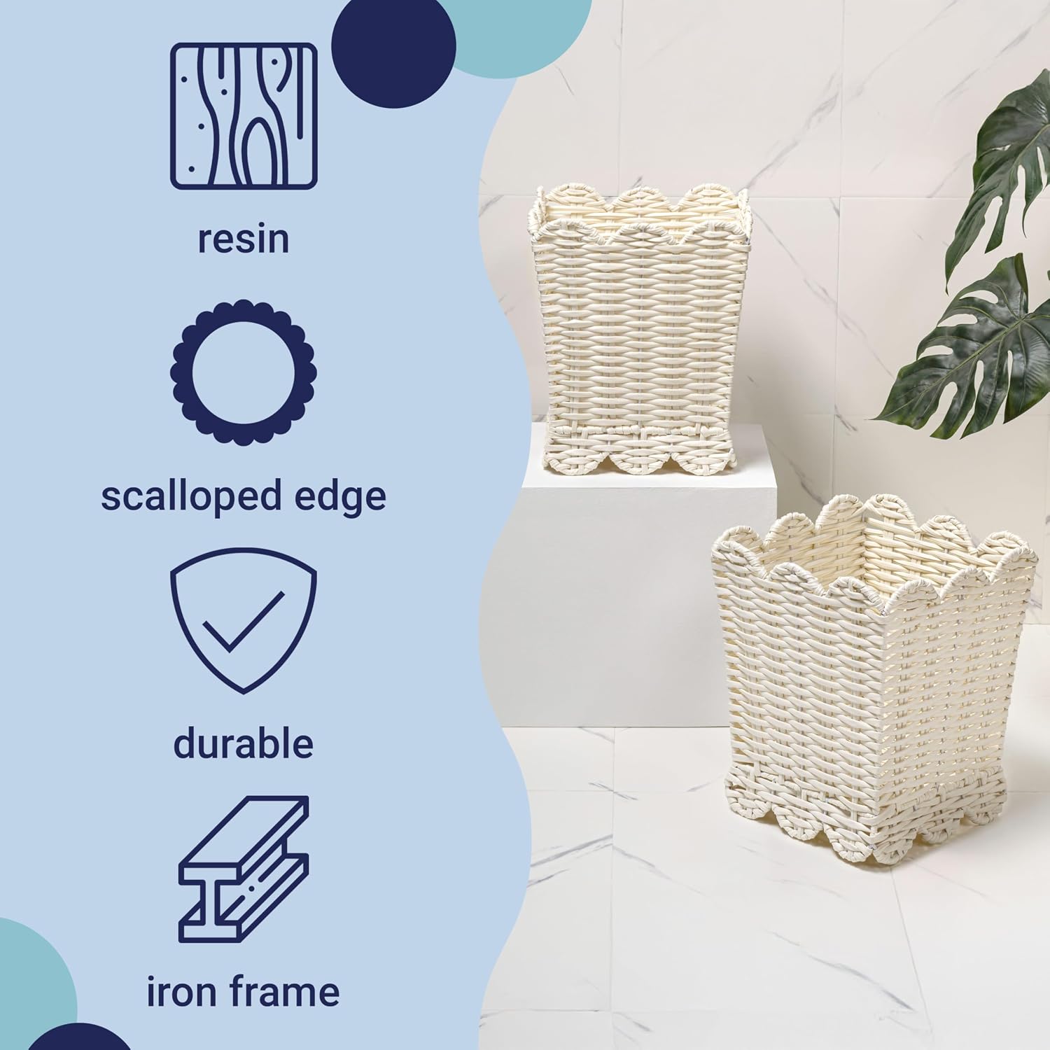 happimess Silas 3.3 Gal Square Wicker Resin Wastebasket. White. Set of 2 | Modern Farmhouse Tapered Silhouette. Scalloped Edge Detail. Handcrafted Powder Coated Frame. 12.6 Height