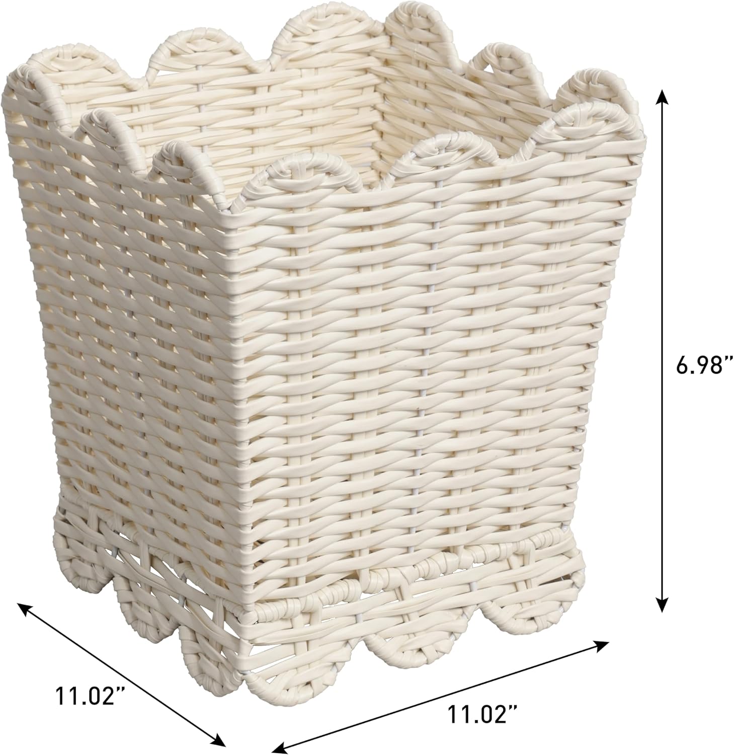 happimess Silas 3.3 Gal Square Wicker Resin Wastebasket. White. Set of 2 | Modern Farmhouse Tapered Silhouette. Scalloped Edge Detail. Handcrafted Powder Coated Frame. 12.6 Height