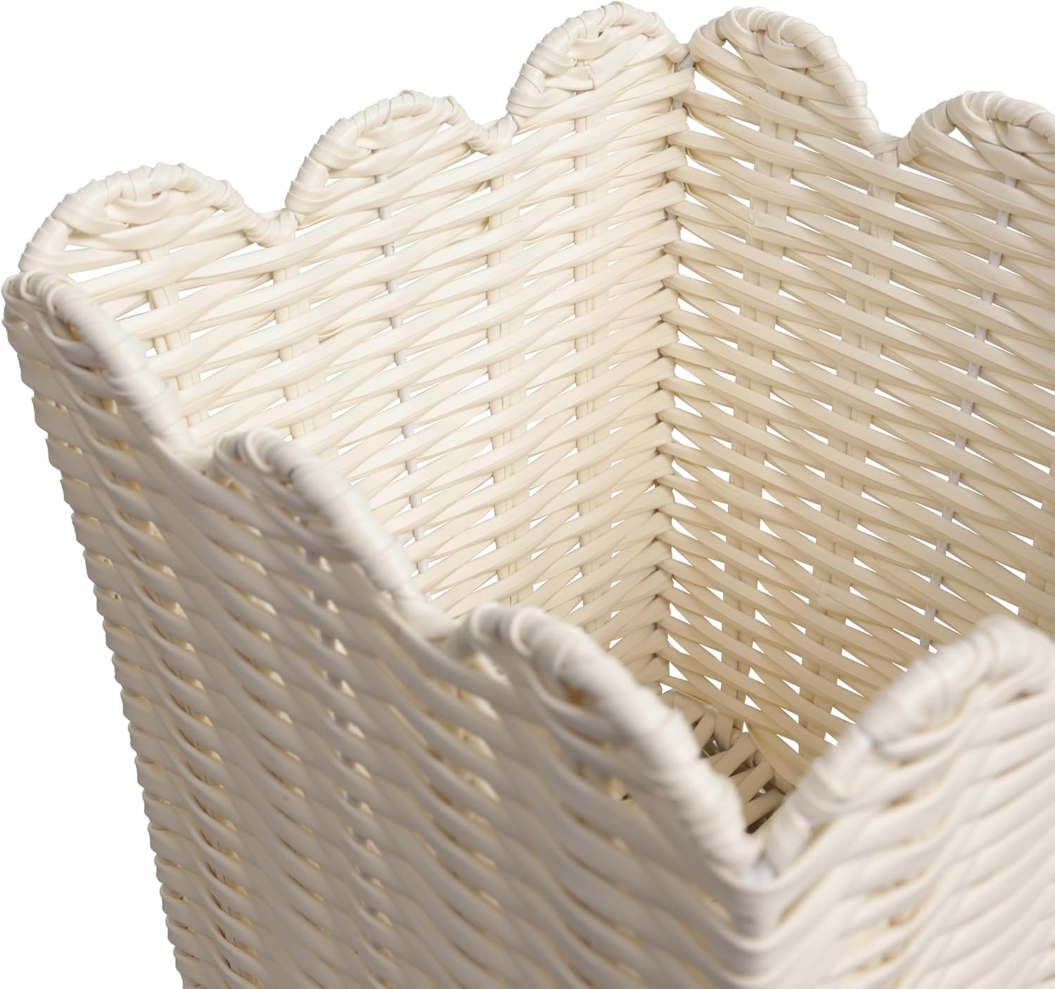happimess Silas 3.3 Gal Square Wicker Resin Wastebasket. White. Set of 2 | Modern Farmhouse Tapered Silhouette. Scalloped Edge Detail. Handcrafted Powder Coated Frame. 12.6 Height
