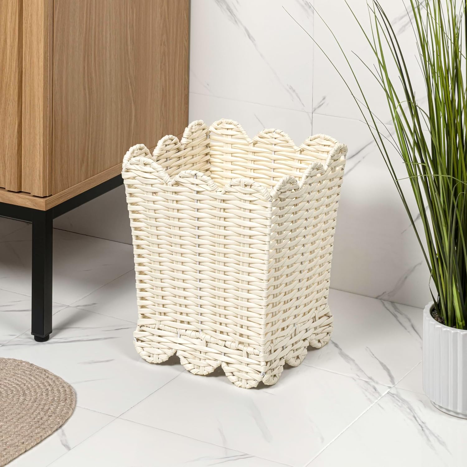 happimess Silas 3.3 Gal Square Wicker Resin Wastebasket. White. Set of 2 | Modern Farmhouse Tapered Silhouette. Scalloped Edge Detail. Handcrafted Powder Coated Frame. 12.6 Height