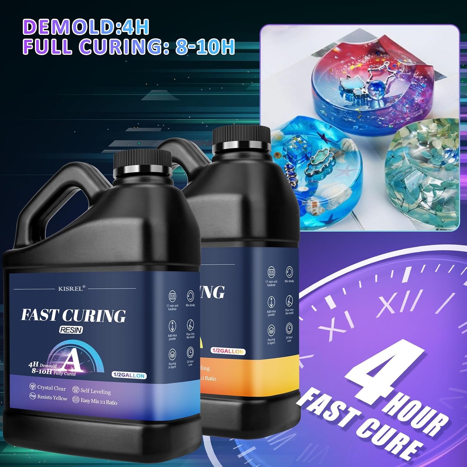 KISREL Fast Cure Epoxy Resin. 4 Hour Mold Demold-1Gallon Quick Cure Resin | Crystal Clear and Bubble Free. Fast Drying Clear Resins
