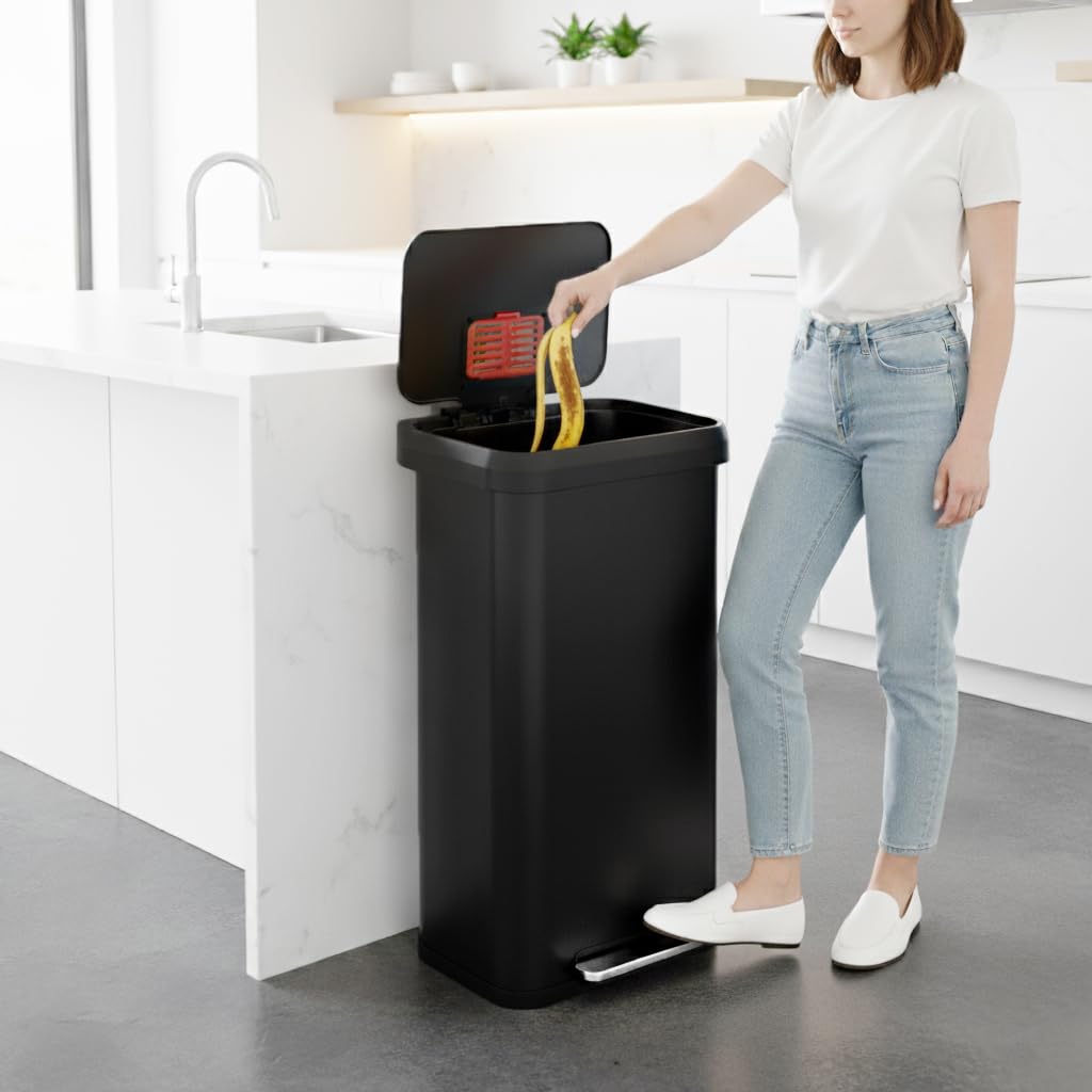 iTouchless SoftStep 20 Gallon / 75 Liter Extra-Large Outdoor & Indoor Recycling Bin. Matte Black Stainless Steel. Heavy-Duty Step Trash Can with Odor Filter. Dent-Proof Lid for Garage. Patio. & Office
