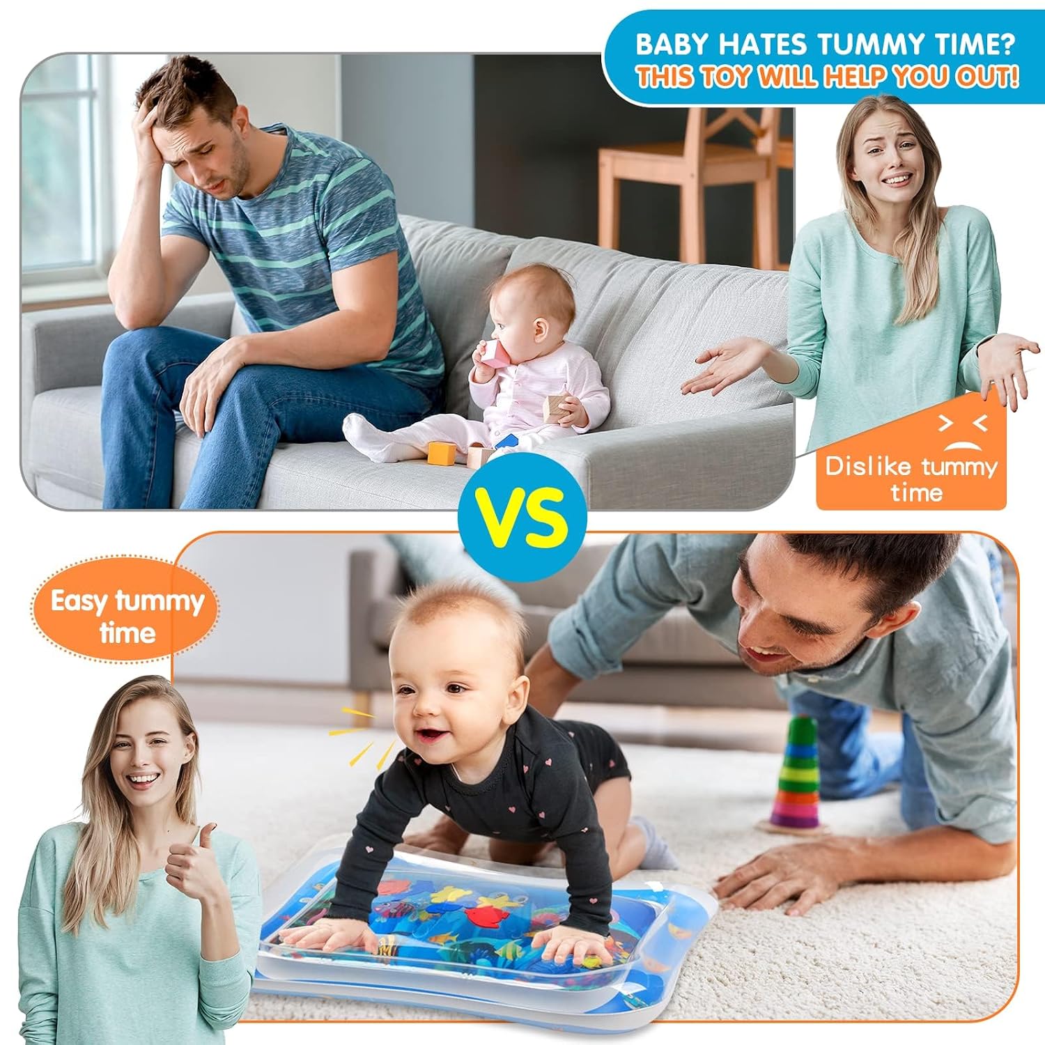Infinno Inflatable Tummy Time Water Mat. Baby Sensory Toys 3-24 Months | Leakproof play surface. builds neck and core strength. fills and drains fast. portable design. easy travel