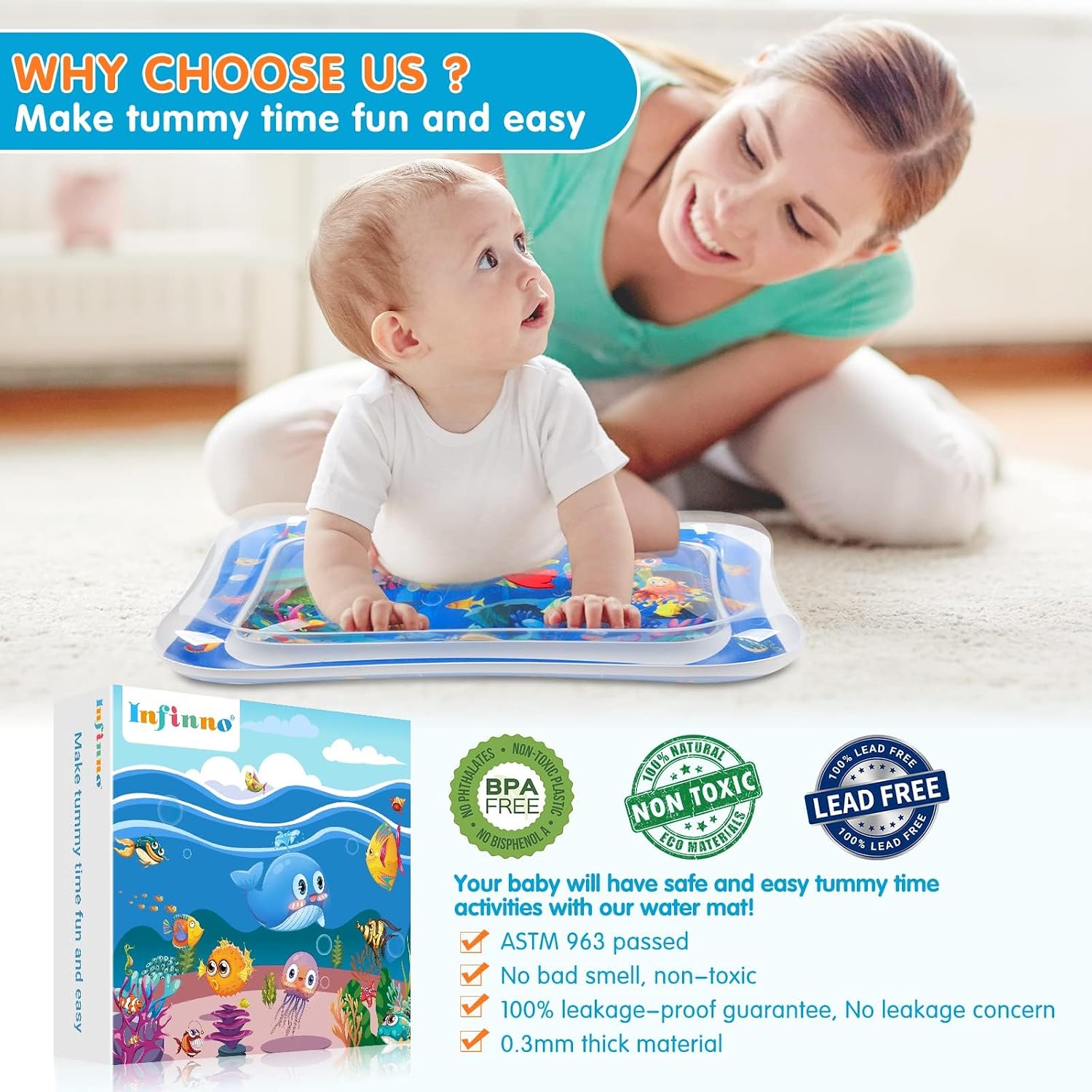 Infinno Inflatable Tummy Time Water Mat. Baby Sensory Toys 3-24 Months | Leakproof play surface. builds neck and core strength. fills and drains fast. portable design. easy travel