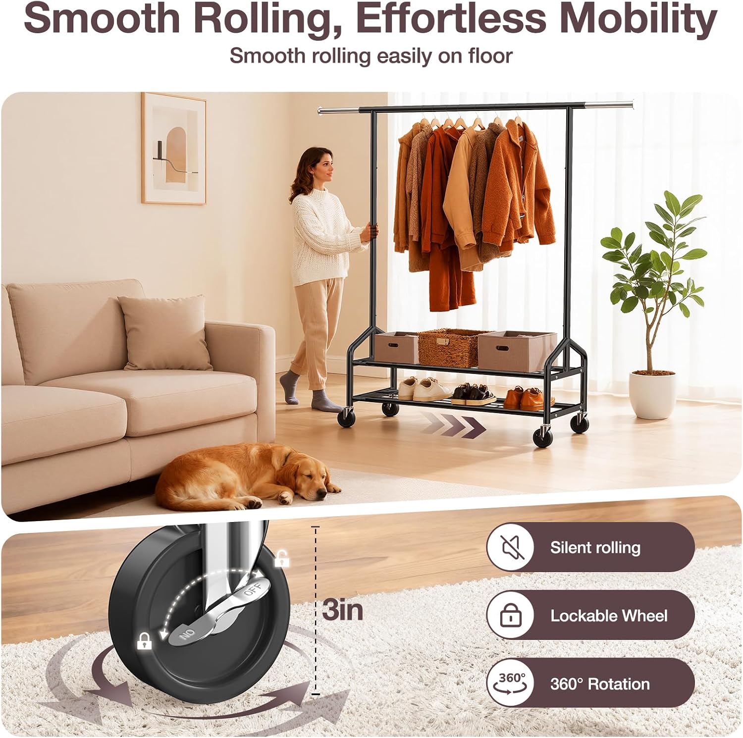 WATIOWL Heavy Duty Clothes Rack. Rolling Clothing Rack Load 650 LBS for Hanging Clothes with 2 Sturdy Shelves. Metal Garment Rack with Wheels for Bedroom. Laundry Room. Retail Store. Black