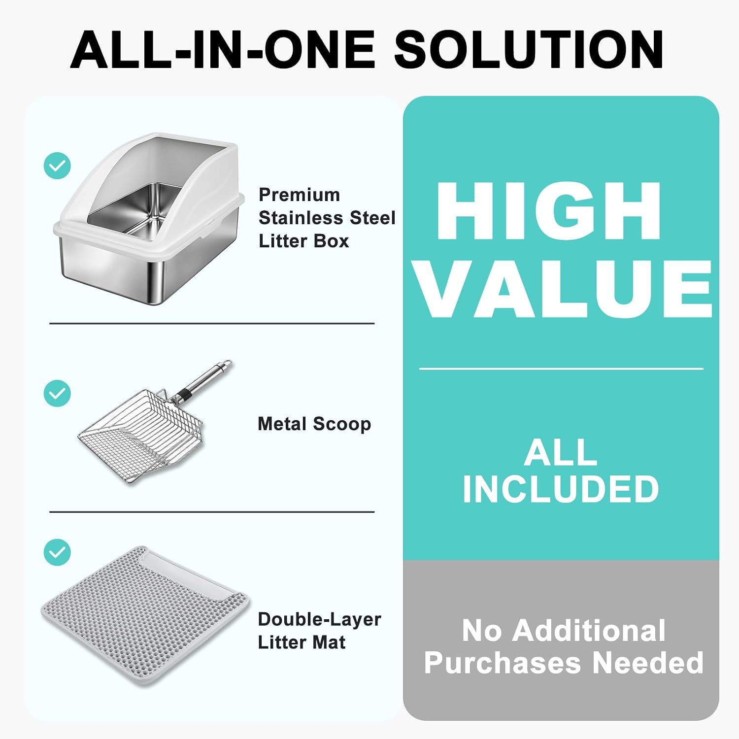 AIPERRO Stainless Steel Litter Box | XL Enclosed Cat Litter Boxes with Lid | High Sided Metal Litter Box for Big Cats | Anti-Urine Leakage | Non-Stick & Easy to Clean | Includes Litter Mat & Metal Scoop