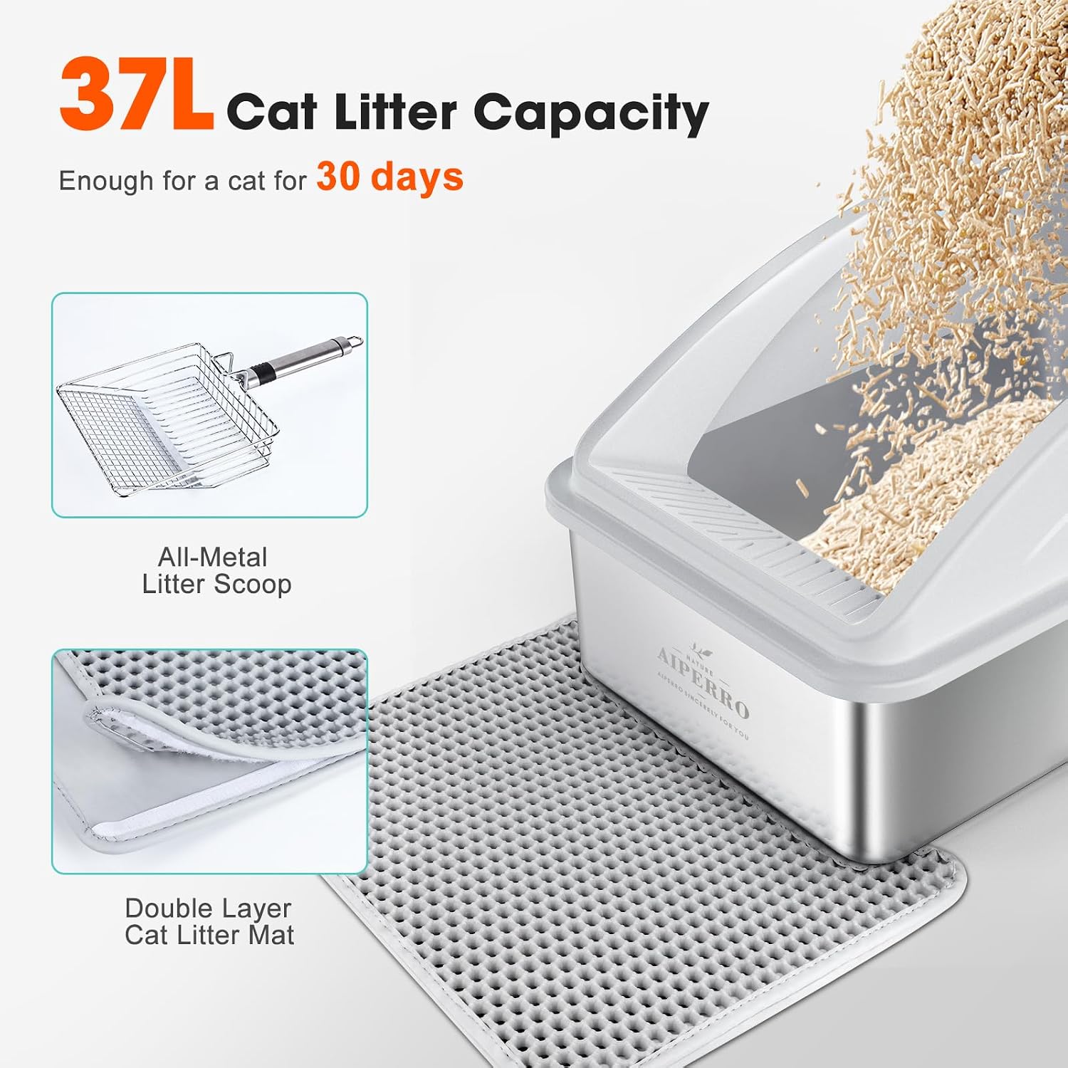 AIPERRO Stainless Steel Litter Box | XL Enclosed Cat Litter Boxes with Lid | High Sided Metal Litter Box for Big Cats | Anti-Urine Leakage | Non-Stick & Easy to Clean | Includes Litter Mat & Metal Scoop