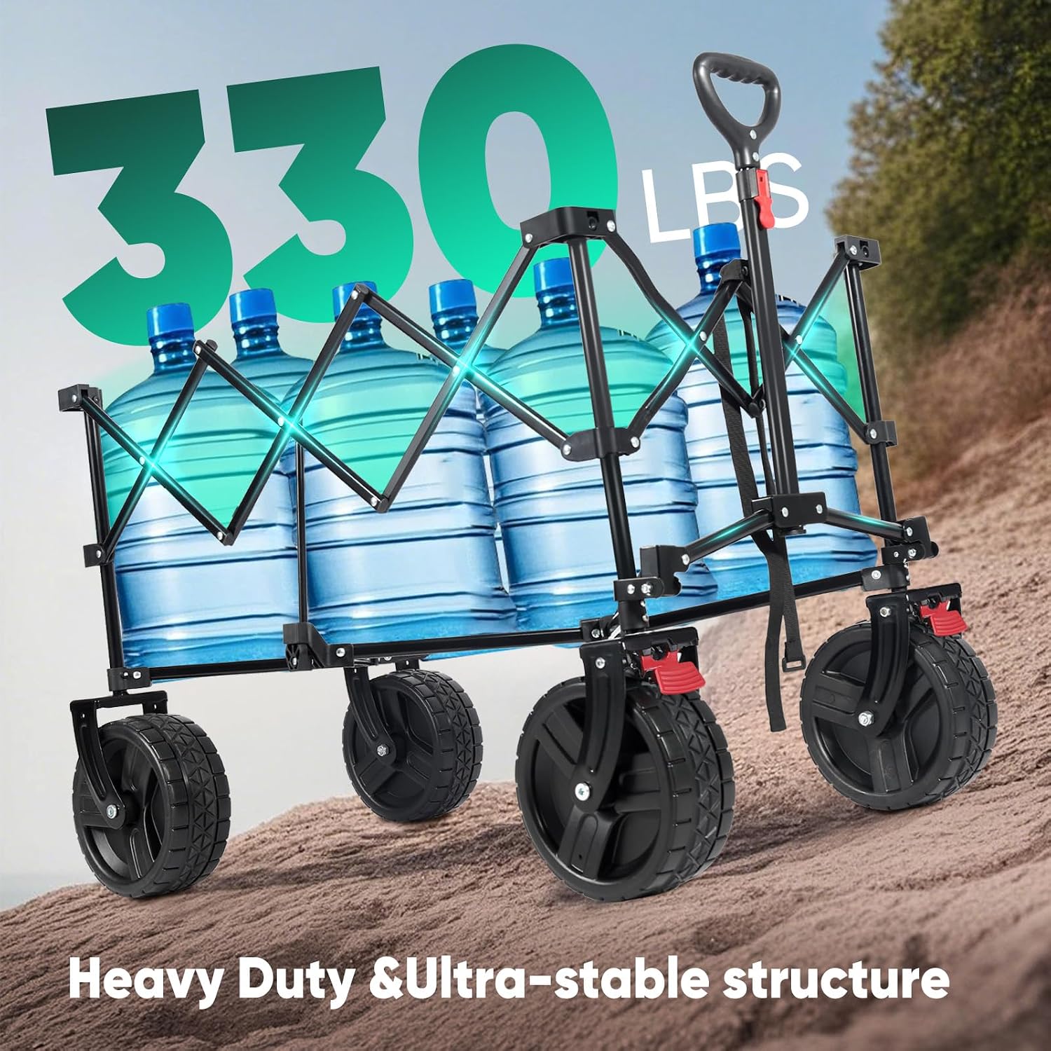 Sekey 220L Wagons Carts Foldable with Big All-Terrian Beach Wheels. Collapsible Heavy DutyWagon with Cup Holders. Extra Large Folding Wagon.Foldable Wagon for Camping. Garden. Sports.Red&Gray