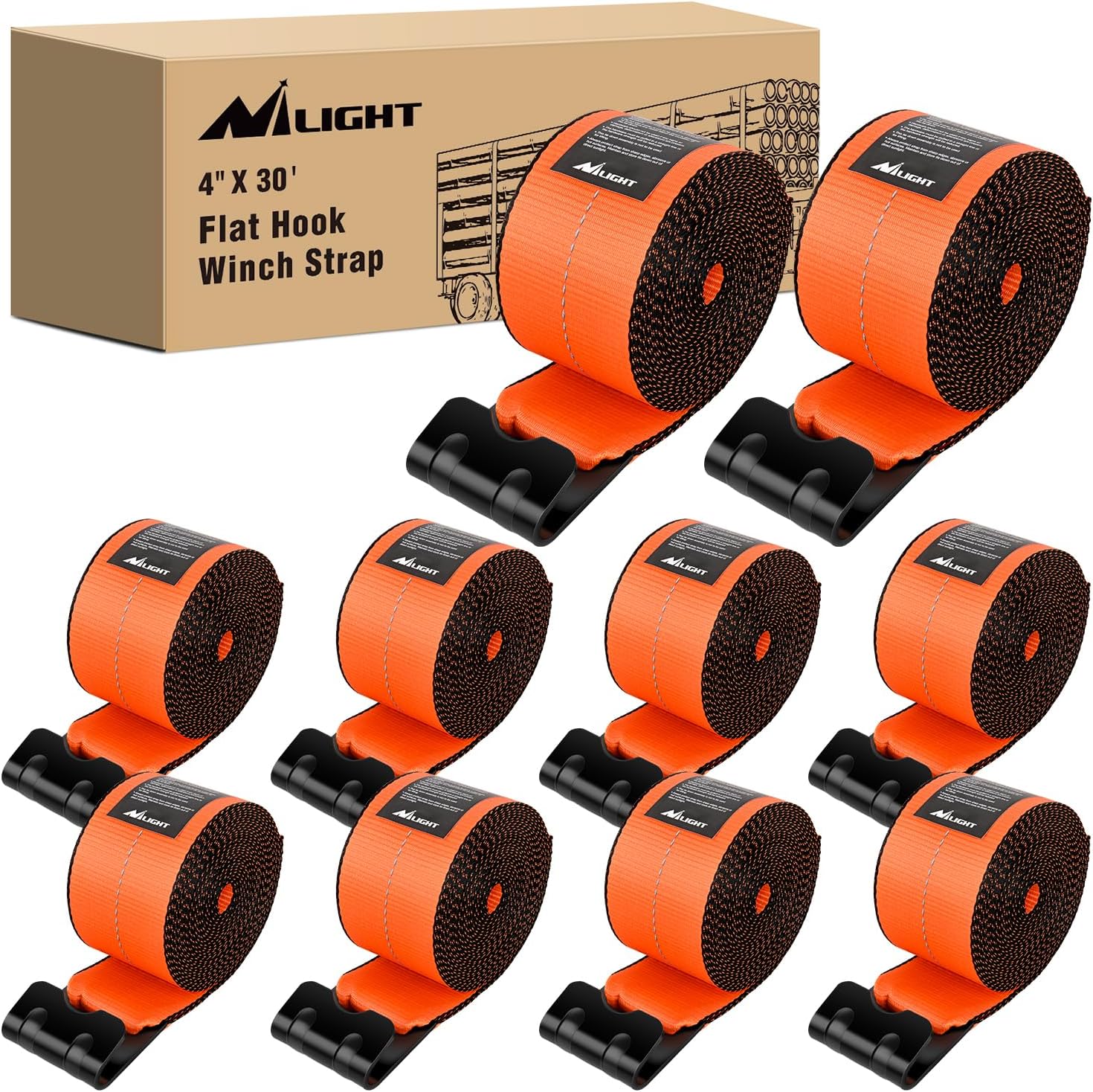 Nilight Truck Straps 4×30' Heavy Duty 16800LBS Break Strength 10 Pack | Orange Winch Straps with Flat Hook WLL 5400LBS Cargo Straps for Flatbeds Trucks Trailers Farms Rescues Tree Saver