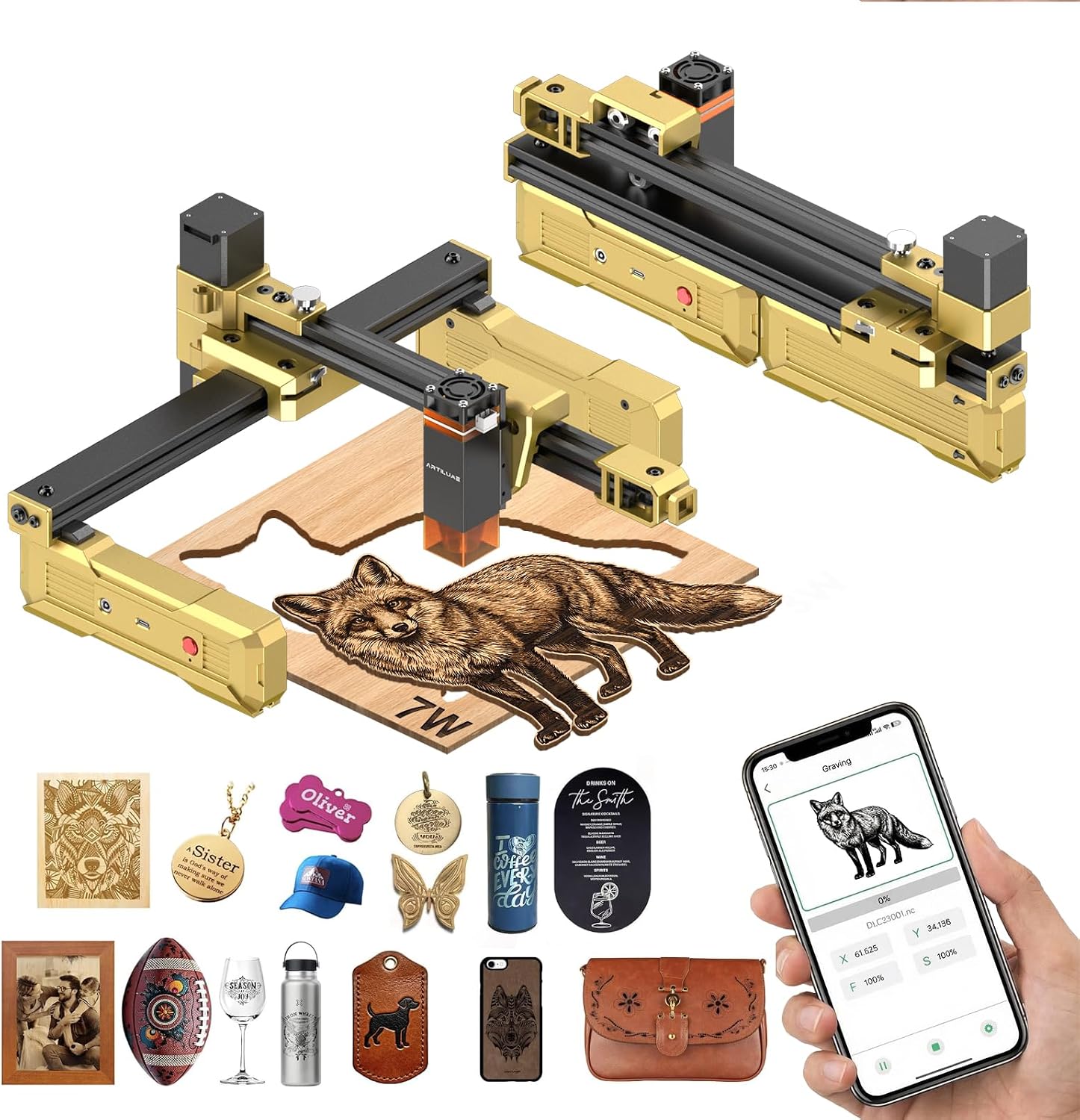 Artilume Foldable Laser Engraver with App for DIY & Craft - T1 7W | 200x150mm Work Area | 10000mm/min Speed | 0.01mm Precision | Wood. Leather. Acrylic. Coated Metal | APP Control