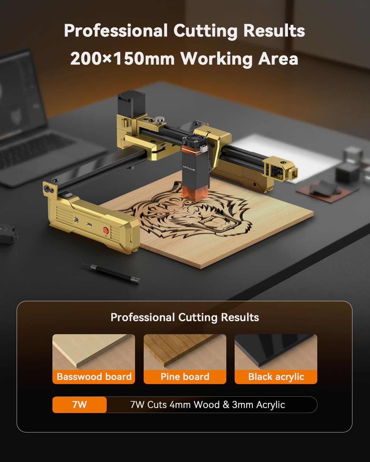 Artilume Foldable Laser Engraver with App for DIY & Craft - T1 7W | 200x150mm Work Area | 10000mm/min Speed | 0.01mm Precision | Wood. Leather. Acrylic. Coated Metal | APP Control