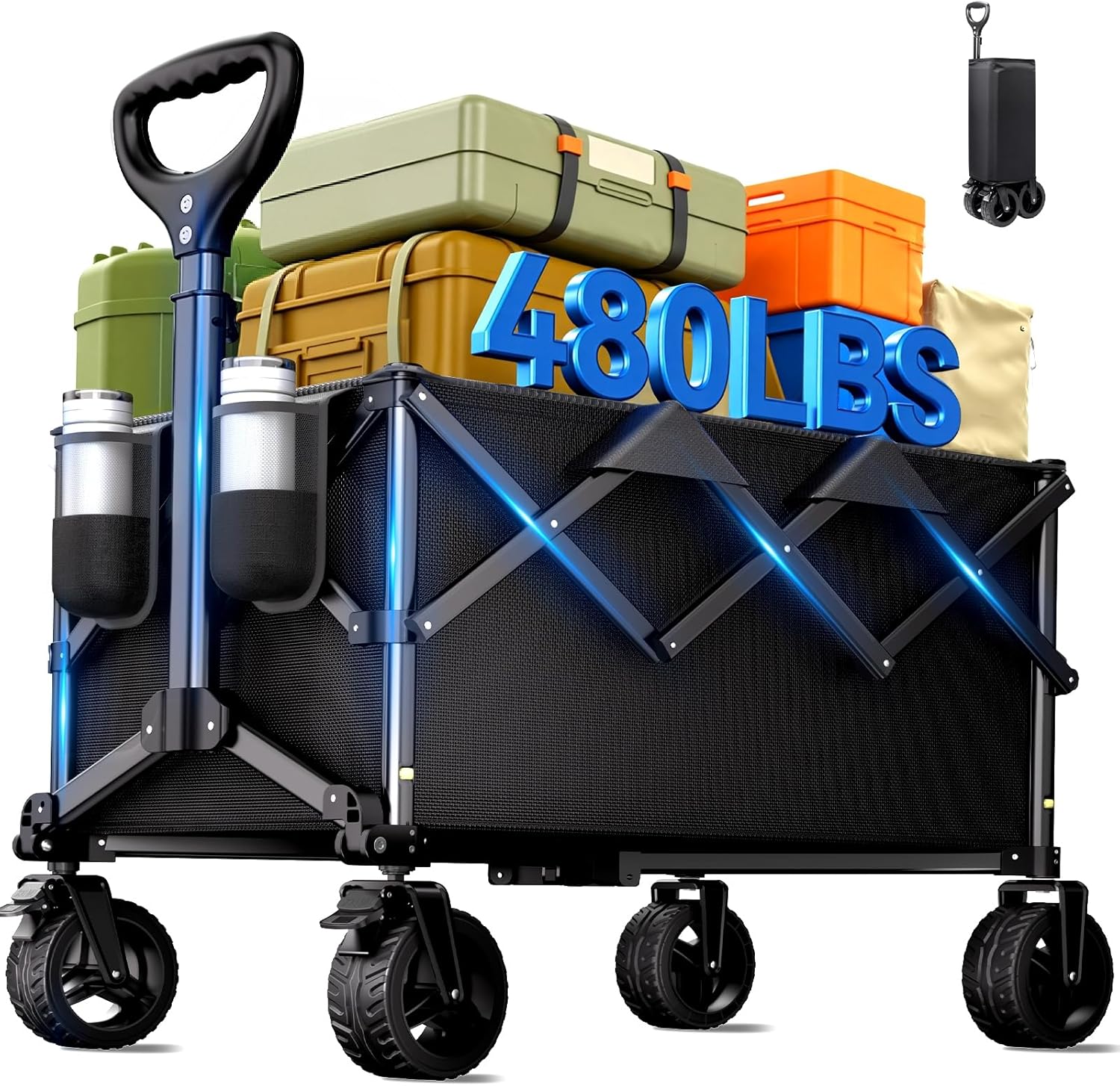 Collapsible Wagon Cart. 480lbs Heavy Duty Wagon with All-Terrain Wheels | Portable Utility Wagons Cart with Adjustable Handle for Beach. Camping. Garden. Grocery. Fishing. Sports & Outdoor
