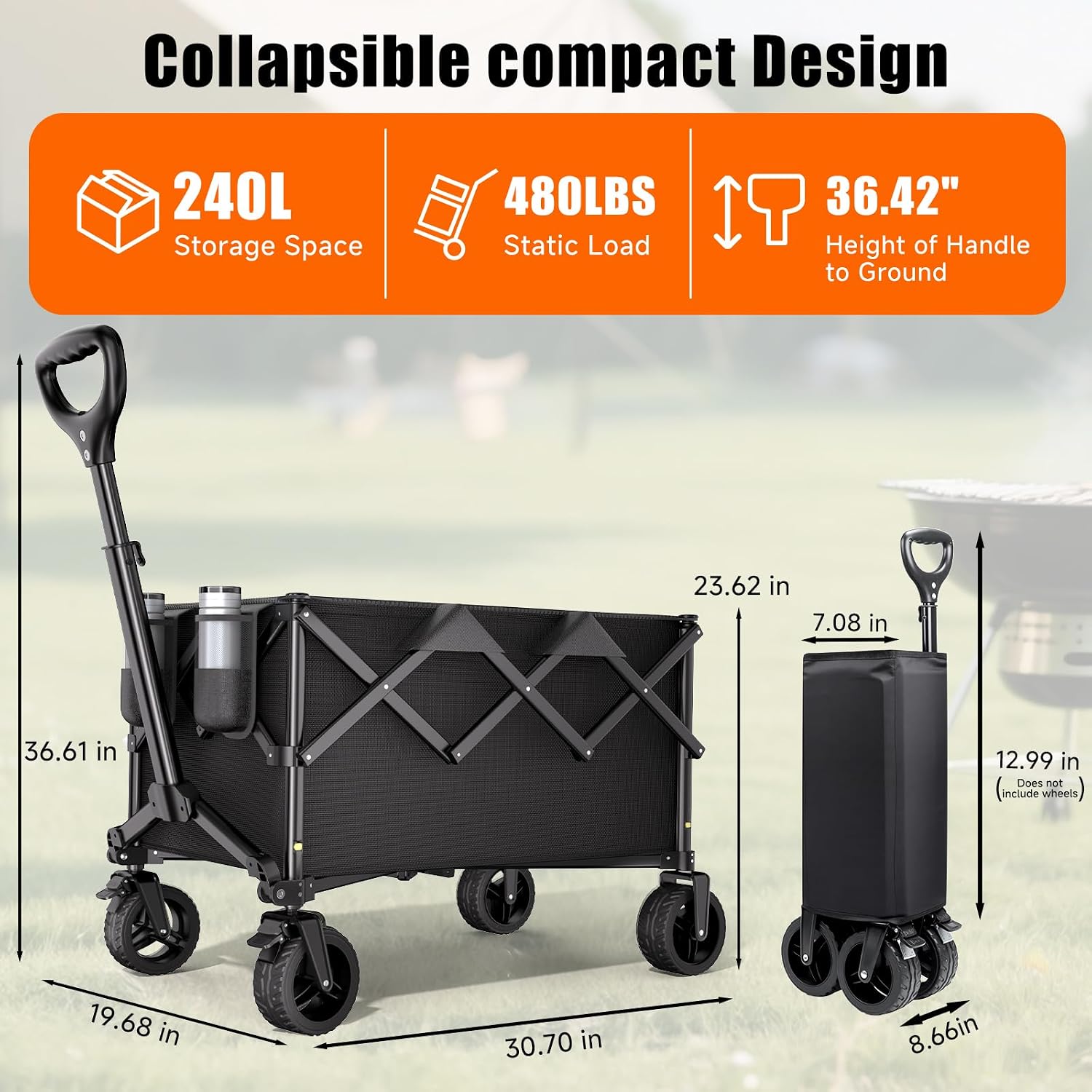 Collapsible Wagon Cart. 480lbs Heavy Duty Wagon with All-Terrain Wheels | Portable Utility Wagons Cart with Adjustable Handle for Beach. Camping. Garden. Grocery. Fishing. Sports & Outdoor