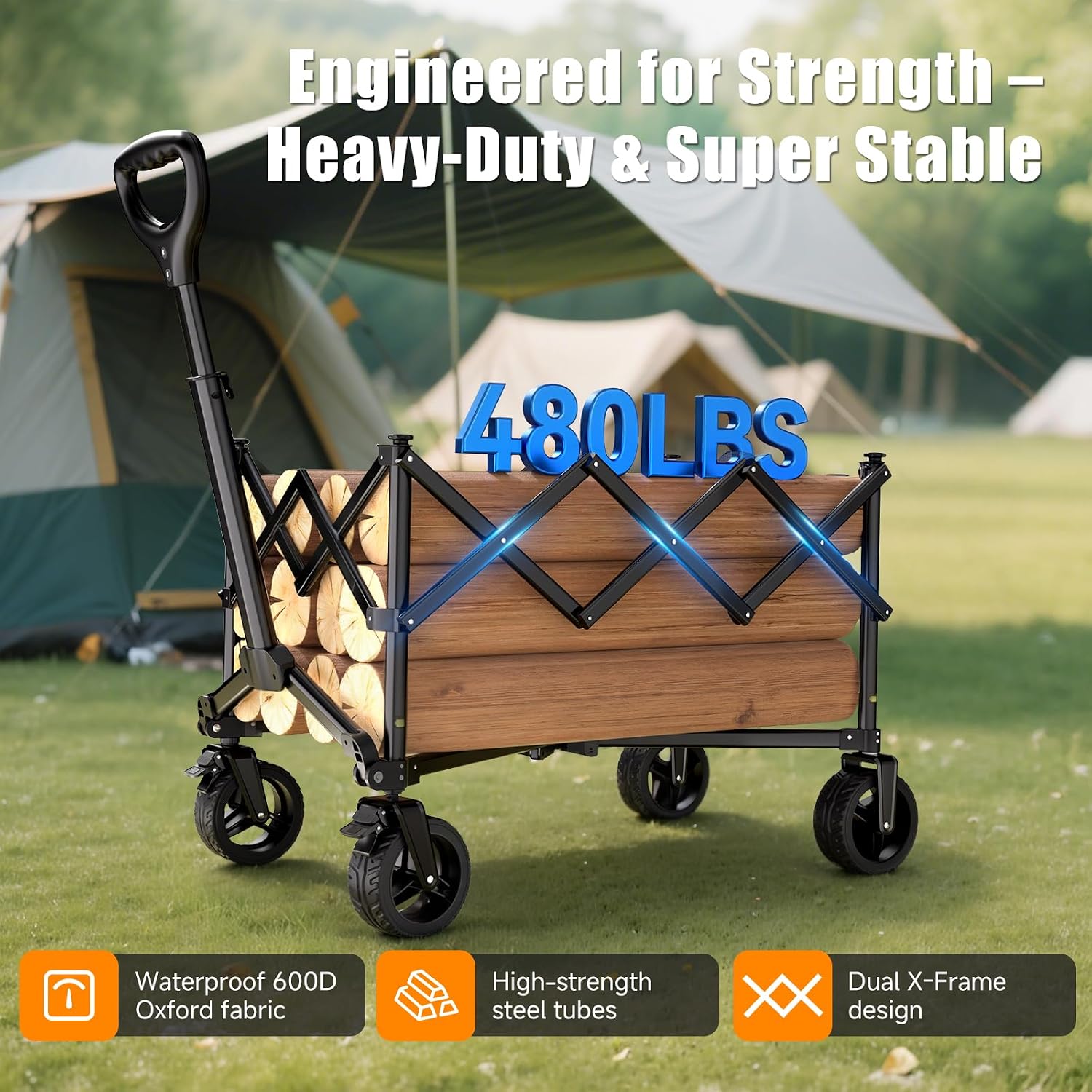 Collapsible Wagon Cart. 480lbs Heavy Duty Wagon with All-Terrain Wheels | Portable Utility Wagons Cart with Adjustable Handle for Beach. Camping. Garden. Grocery. Fishing. Sports & Outdoor