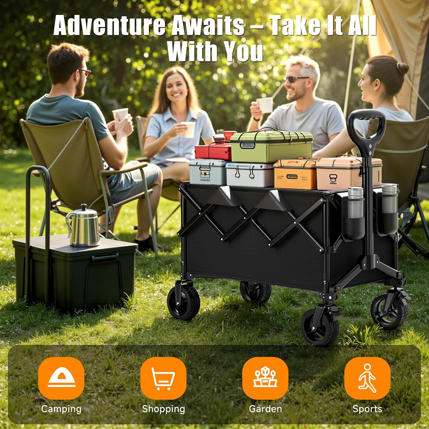 Collapsible Wagon Cart. 480lbs Heavy Duty Wagon with All-Terrain Wheels | Portable Utility Wagons Cart with Adjustable Handle for Beach. Camping. Garden. Grocery. Fishing. Sports & Outdoor