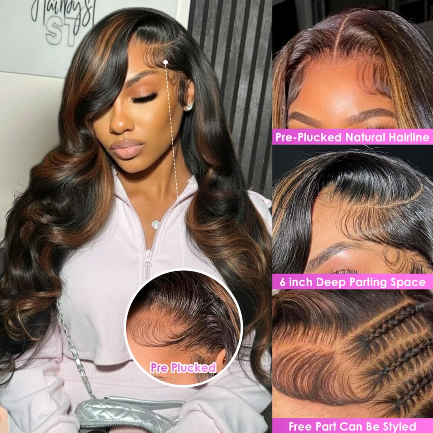 Durita 1B/30 Ombre Lace Front Wig 13x6 Body Wave Human Hair Wig 30 Inch | 100% Human Hair Wig with Natural Hairline. Pre-Plucked 1B/30 Brown Highlight Wig. 200% Density Colored Balayage Wig for Women