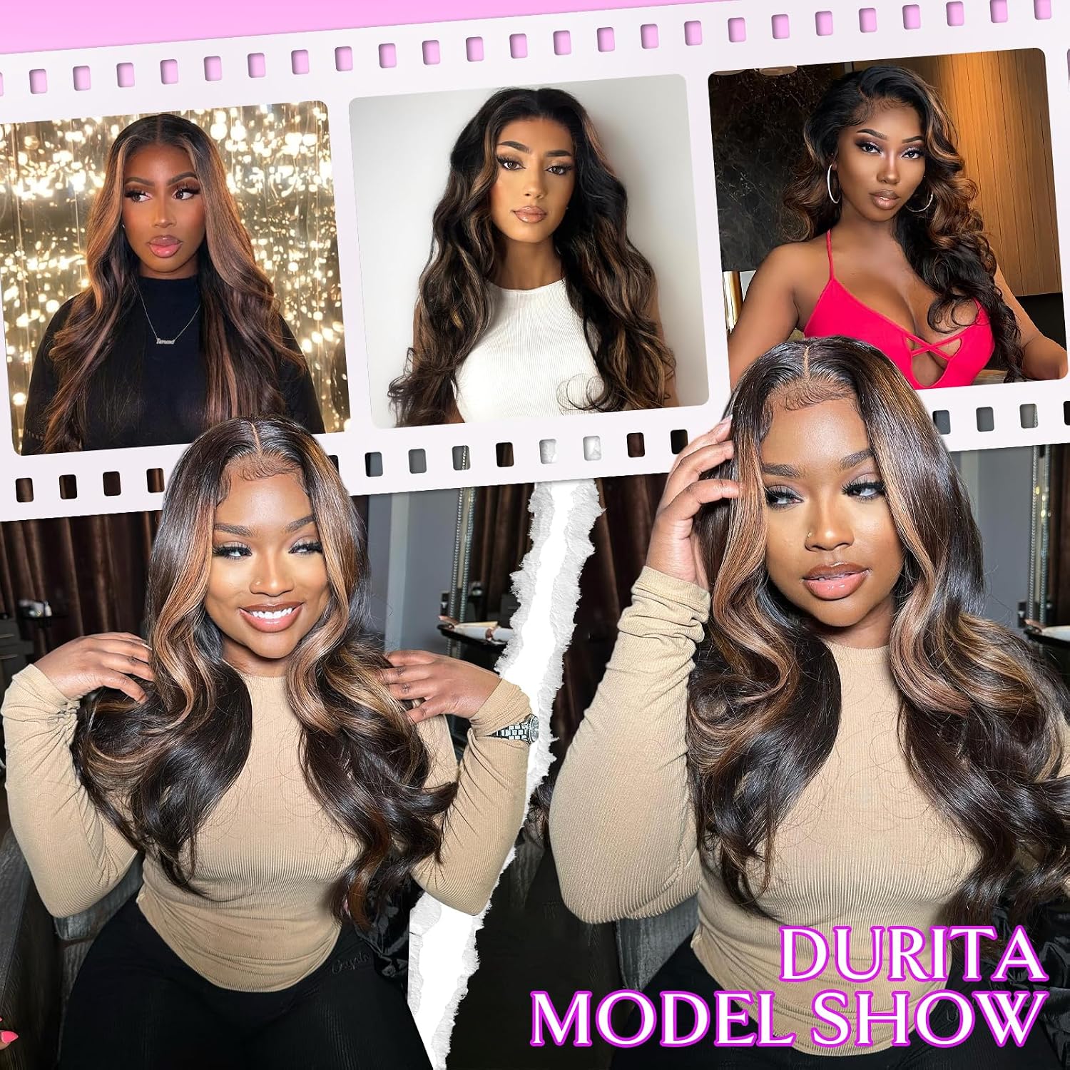 Durita 1B/30 Ombre Lace Front Wig 13x6 Body Wave Human Hair Wig 30 Inch | 100% Human Hair Wig with Natural Hairline. Pre-Plucked 1B/30 Brown Highlight Wig. 200% Density Colored Balayage Wig for Women