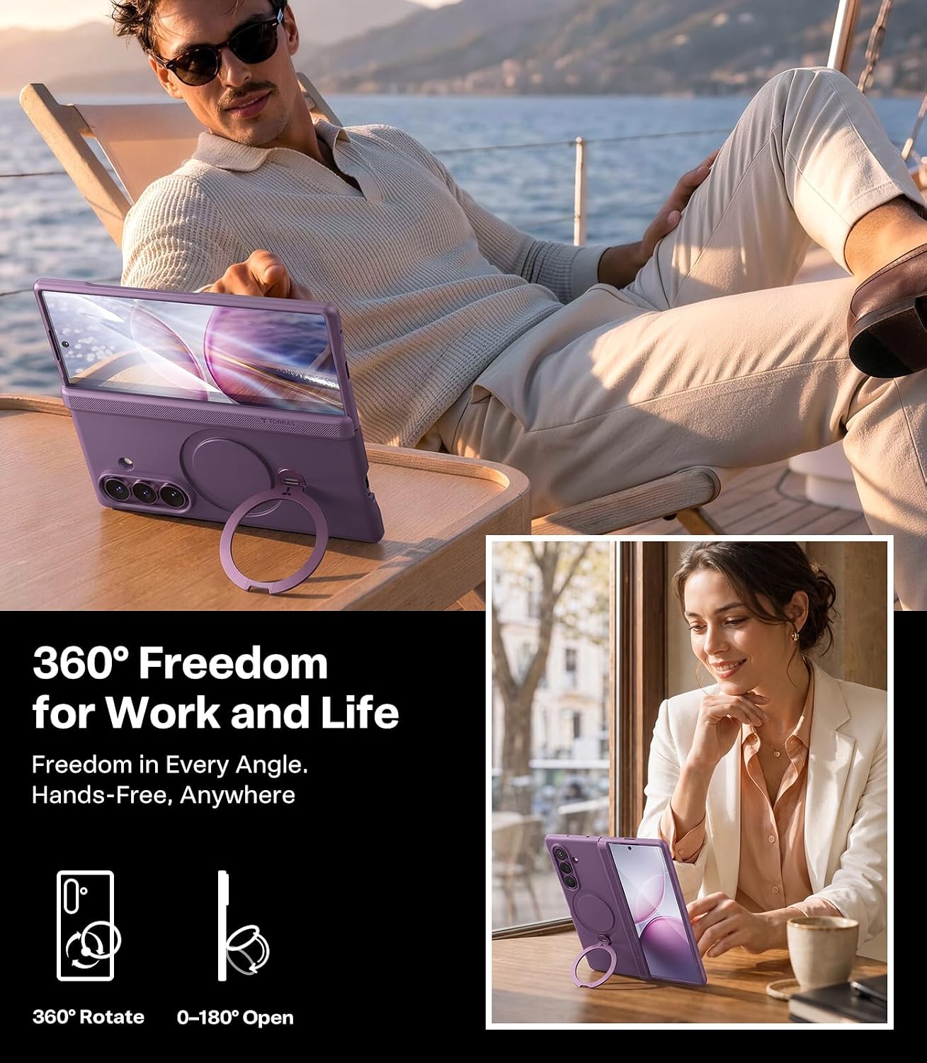 TORRAS 360 Spin Magnetic Stand Case for Galaxy Z Fold 8 Ultra. MIL-Grade | Hinge Protection. Compatible with MagSafe. 360 Kickstand. Hard Slim Protevtive. 2 Screen Protectors. Violet Purple
