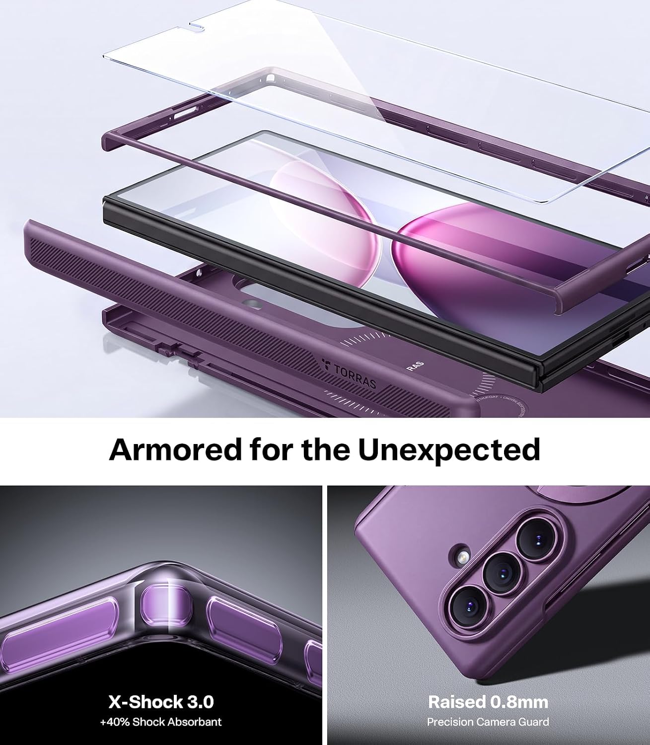 TORRAS 360 Spin Magnetic Stand Case for Galaxy Z Fold 8 Ultra. MIL-Grade | Hinge Protection. Compatible with MagSafe. 360 Kickstand. Hard Slim Protevtive. 2 Screen Protectors. Violet Purple