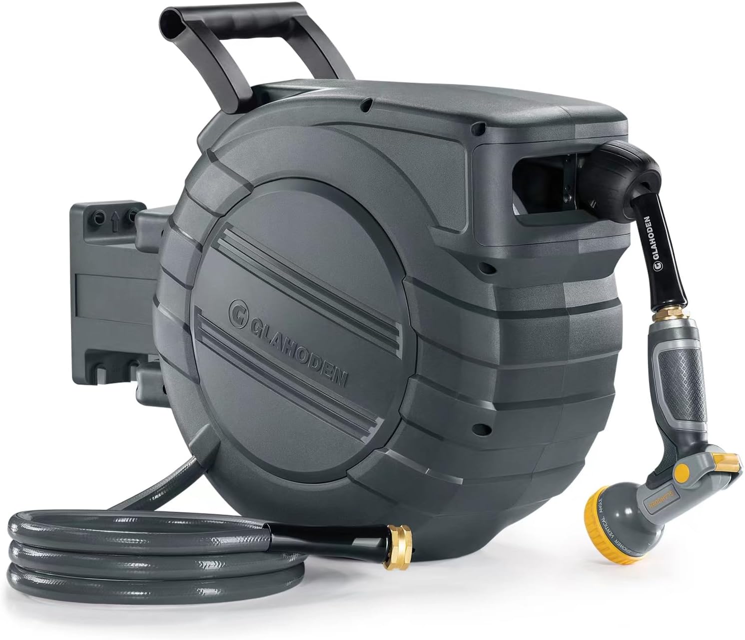 GLAHODEN Retractable Garden Hose Reel 1/2 in x 100 ft. 2025 Upgraded Dual Ratchet Lock UV & Freeze Protection Brass Seal Slow Retraction Anti-Tangle Hose 180°Swivel Reinforced Scaffold Wall Mount
