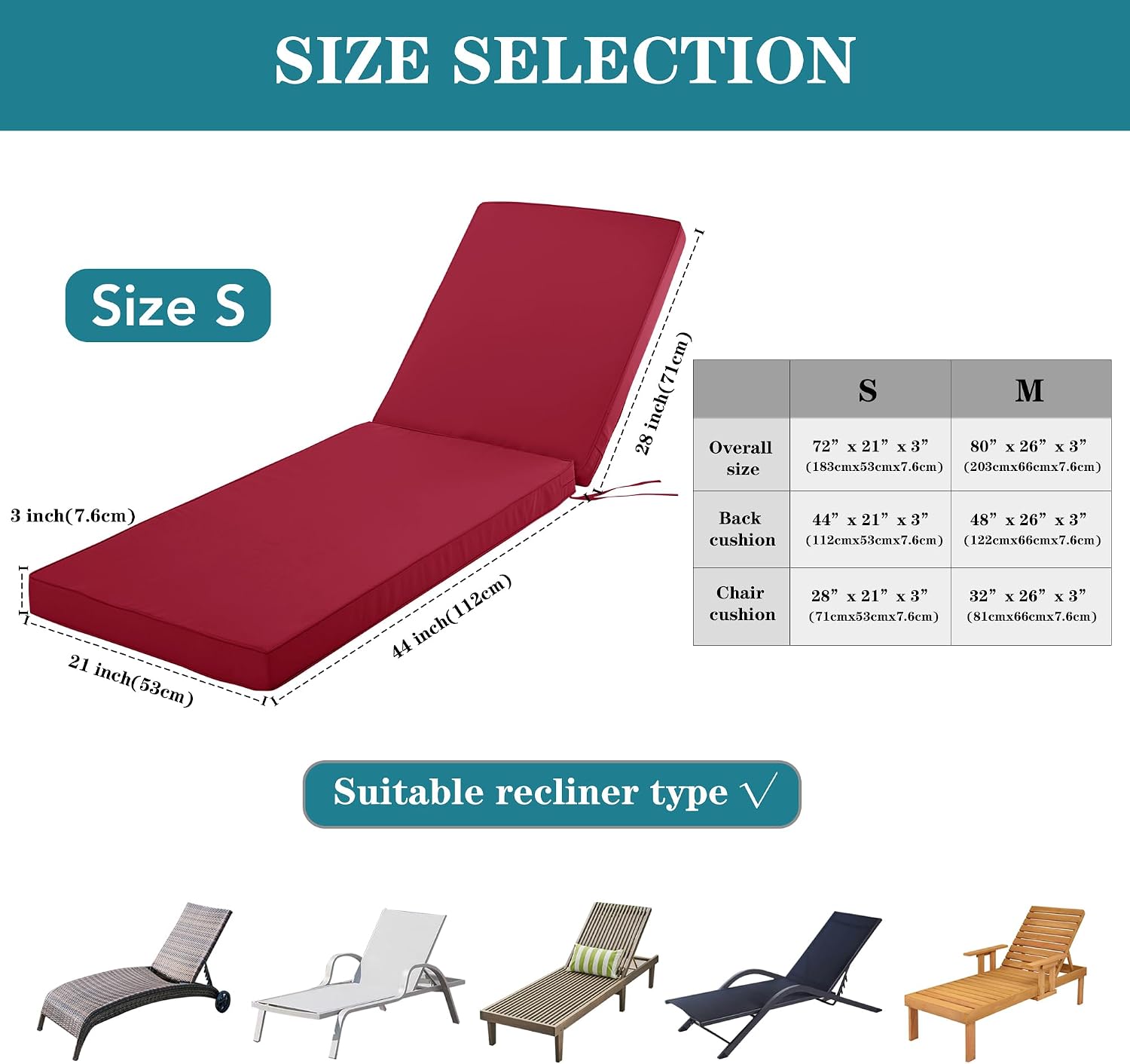 Comcaver Chaise Lounge Cushions Outdoor Set of 4. 72x21x3 Inch. Burgundy | Waterproof and Stain-Resistant Lounge Deck Reclining Chair Cushions for Patio Furniture Lawn Pool Resort Hotel
